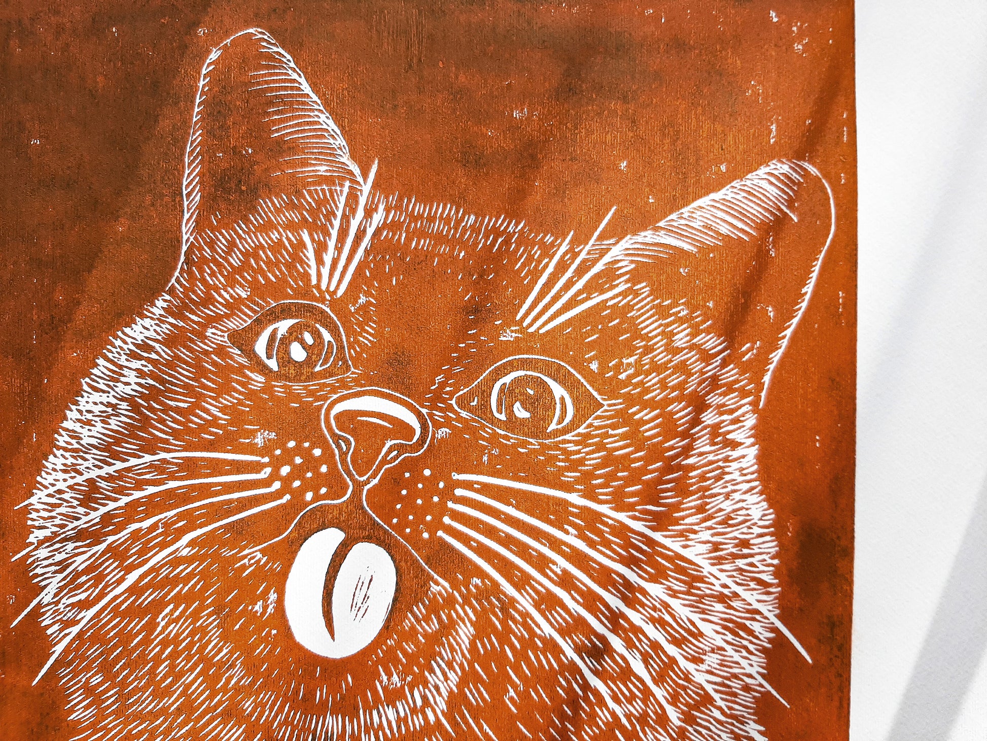 Housewarming gift	Bedroom wall decor	Living room wall art	Linocut print	Original artwork	For pet lovers gift	Linogravure lino	Black relief block	funny portrait cat	printmaking art	Kids room happy	Bestfriend gift	Modern animal spring