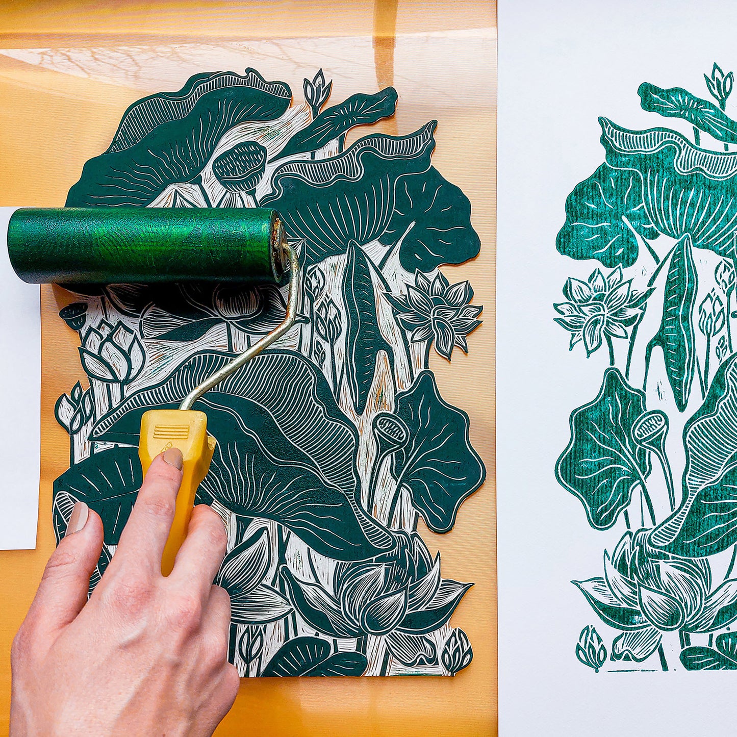 Green lotus flower Linocut print Wall hanging art decor for Nature lover gift block print