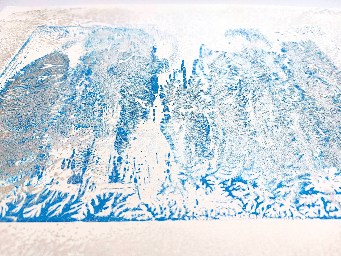 Details Silver and blue abstract cityscape relief Monotype print №5 / printmaking