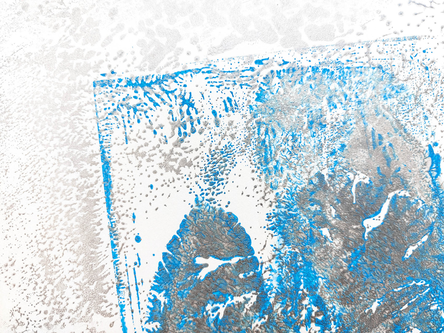 Details Silver and blue abstract cityscape relief Monotype print №5 / printmaking
