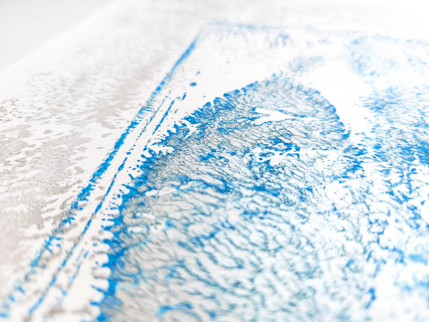 Details Silver and blue abstract cityscape relief Monotype print №5 / printmaking