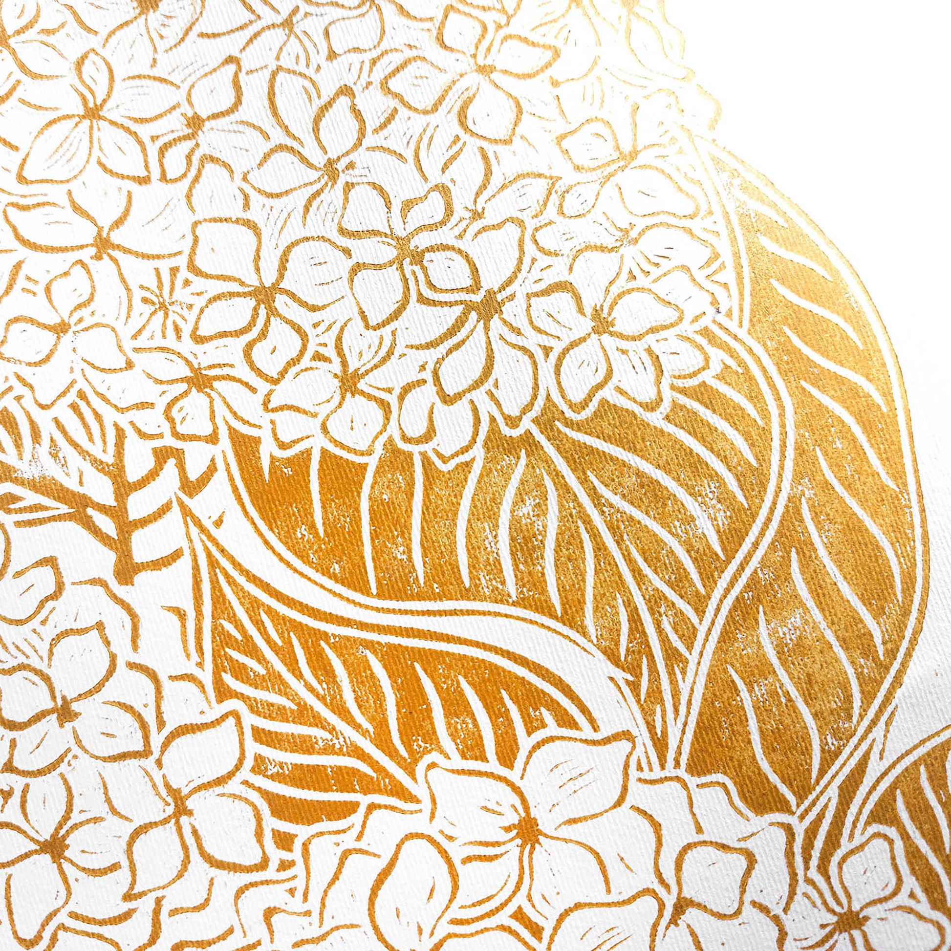 Ochre hydrangea flowers Linocut print Wall hanging art decor