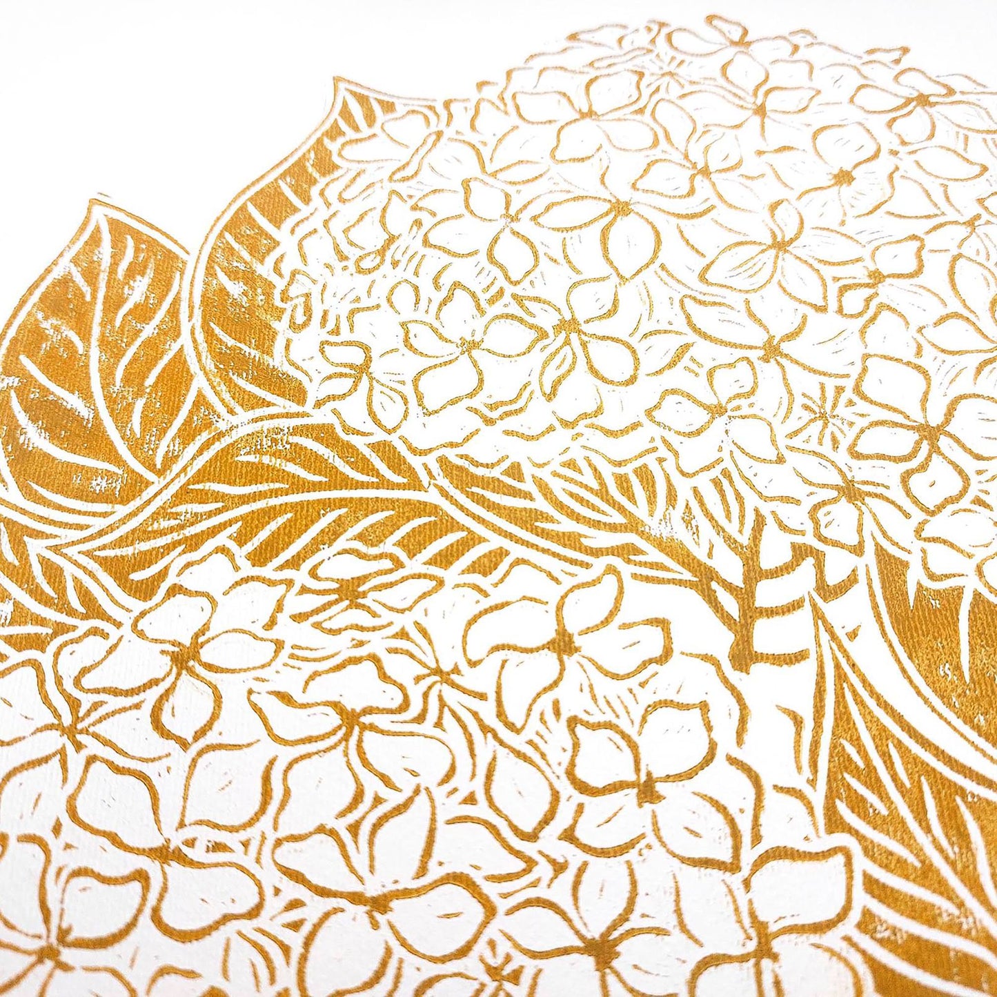 Ochre hydrangea flowers Linocut print Wall hanging art decor