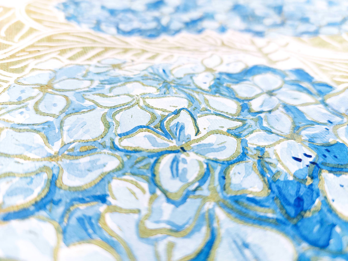 Details Green and blue watercolor hydrangea Linocut print