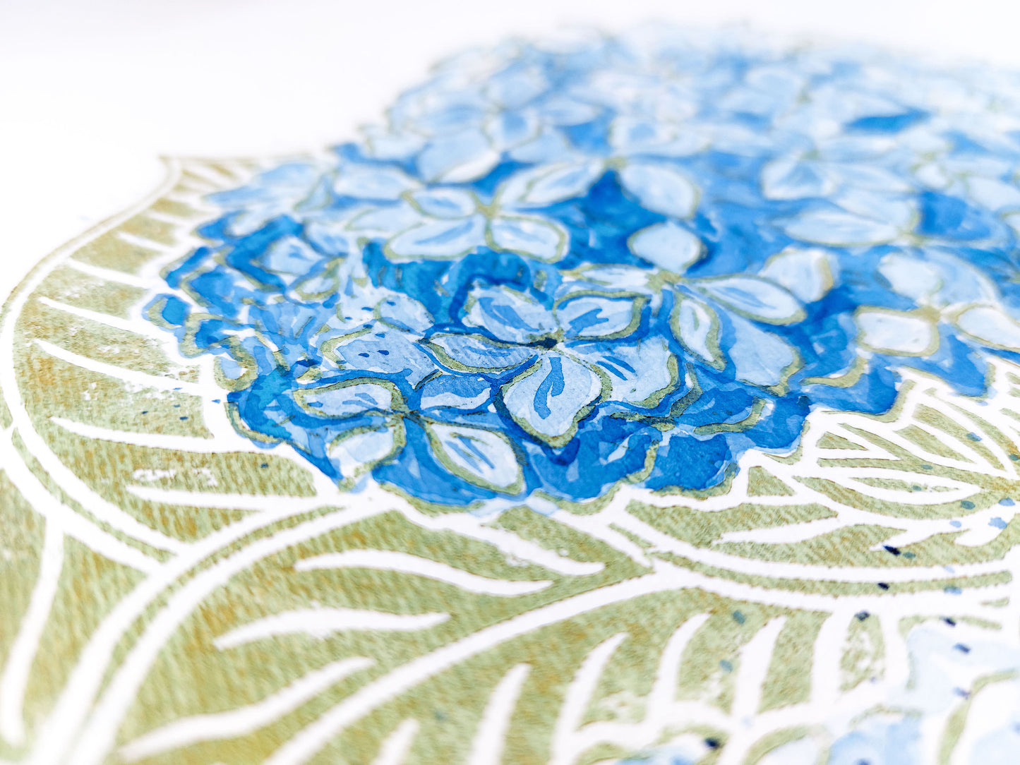 Details Green and blue watercolor hydrangea Linocut print