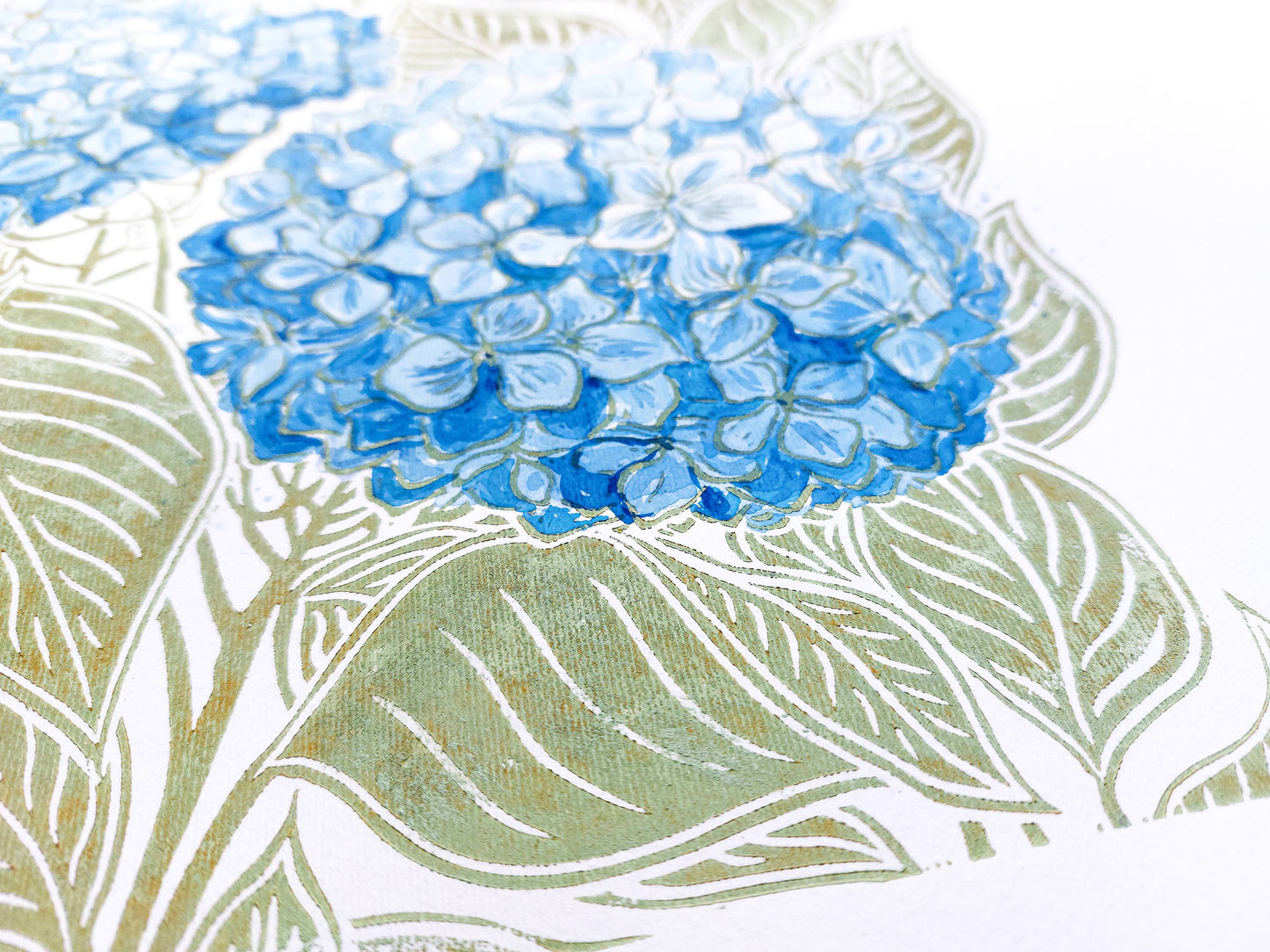 Details Green and blue watercolor hydrangea Linocut print