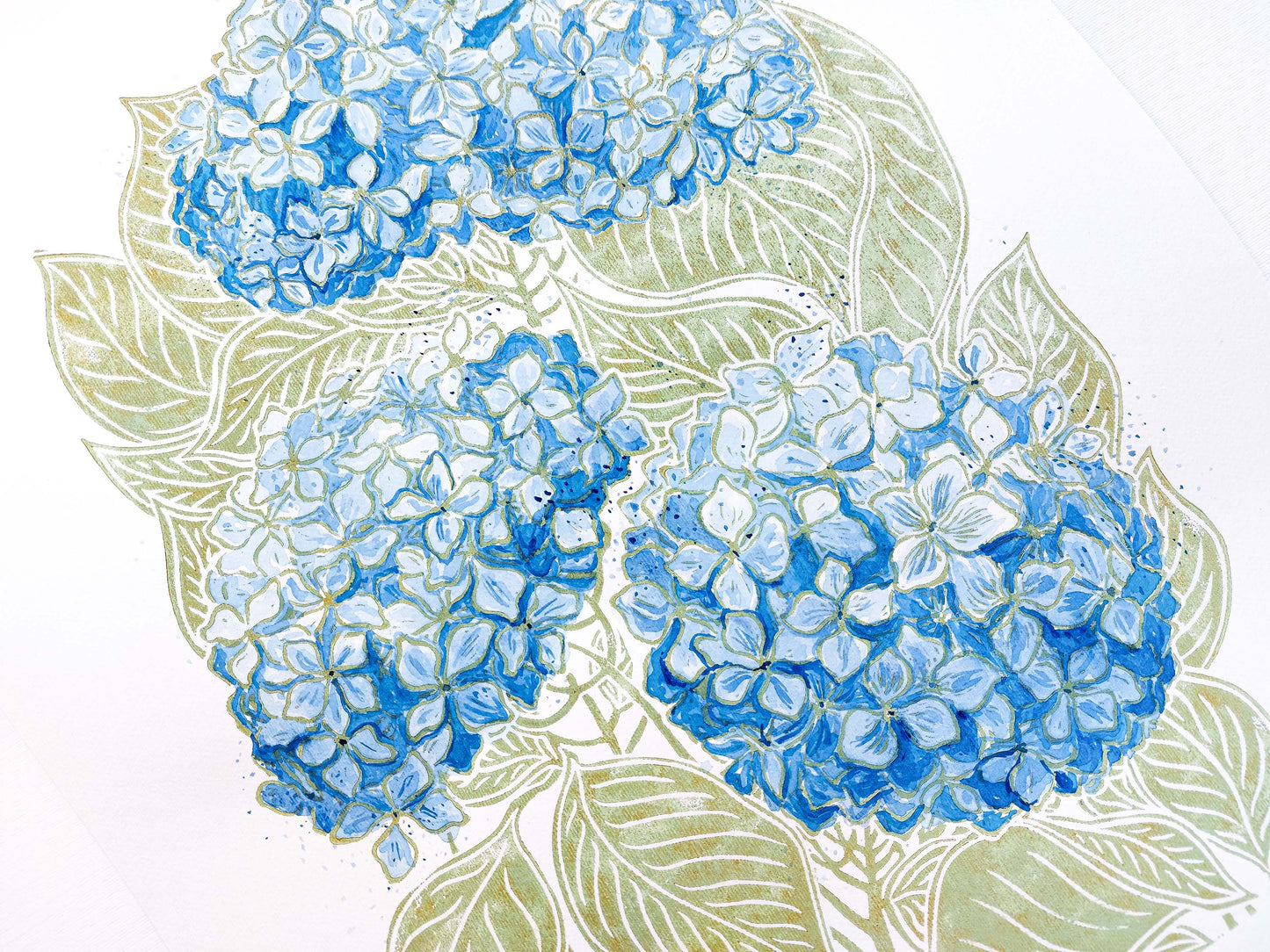 Green and blue watercolor hydrangea Linocut print for Nature lover gift UNFRAMED