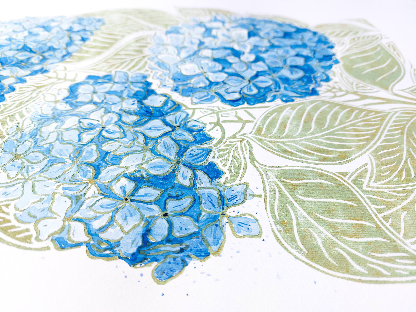 Details Green and blue watercolor hydrangea Linocut print