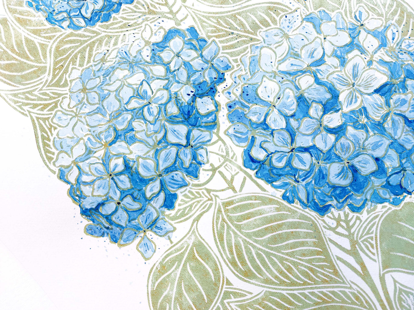Details Green and blue watercolor hydrangea Linocut print