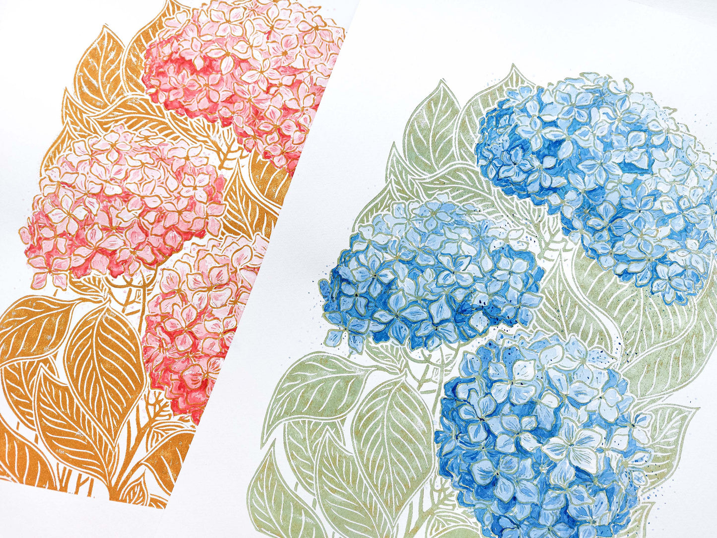 Green and blue, ochre and pink watercolor hydrangea Linocut print for Nature lover gift UNFRAMED