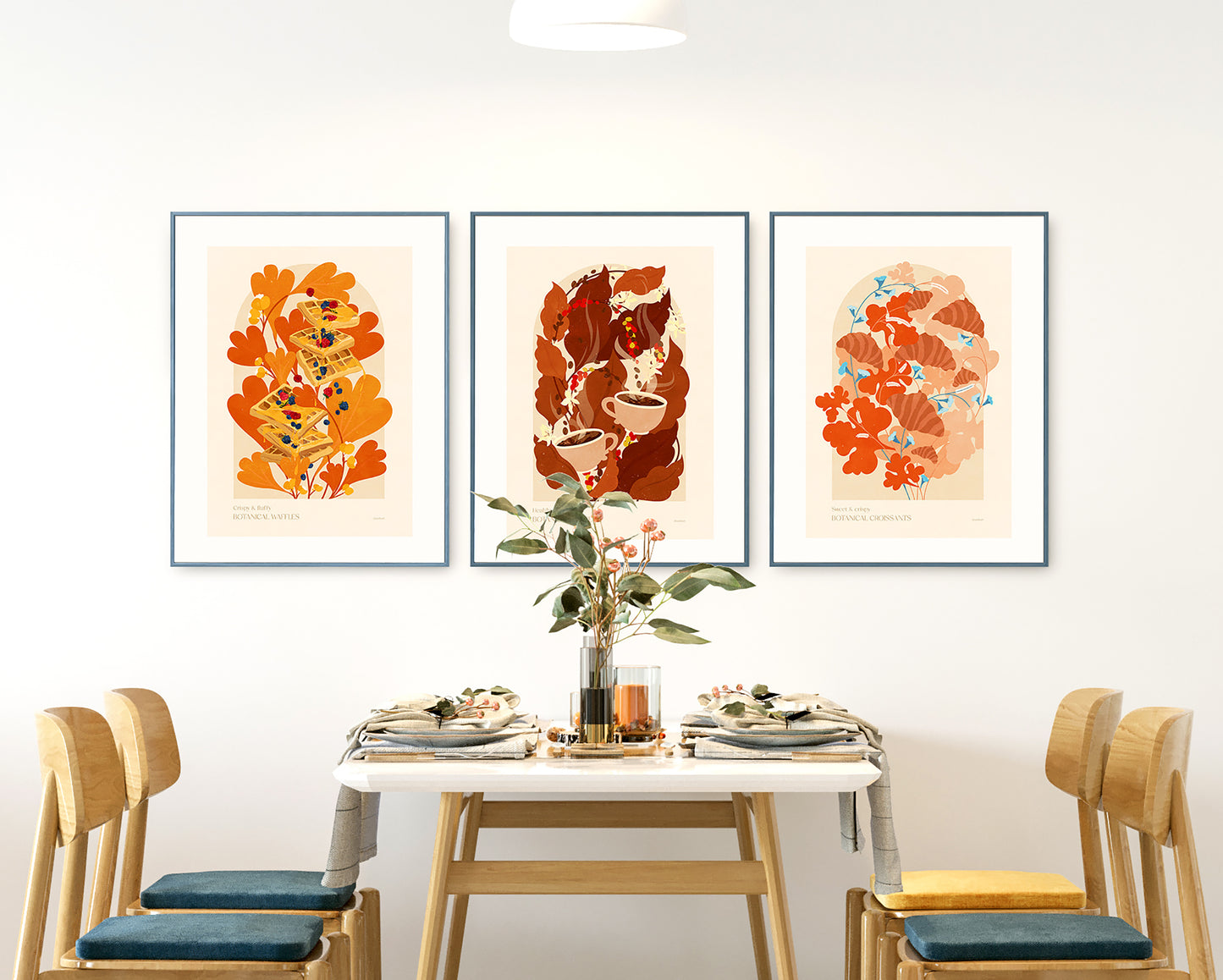 Gallery wall set of 3 Botanical waffles Coffee and croissant food dessert poster for Modern kitchen INSTANT DOWNLOAD