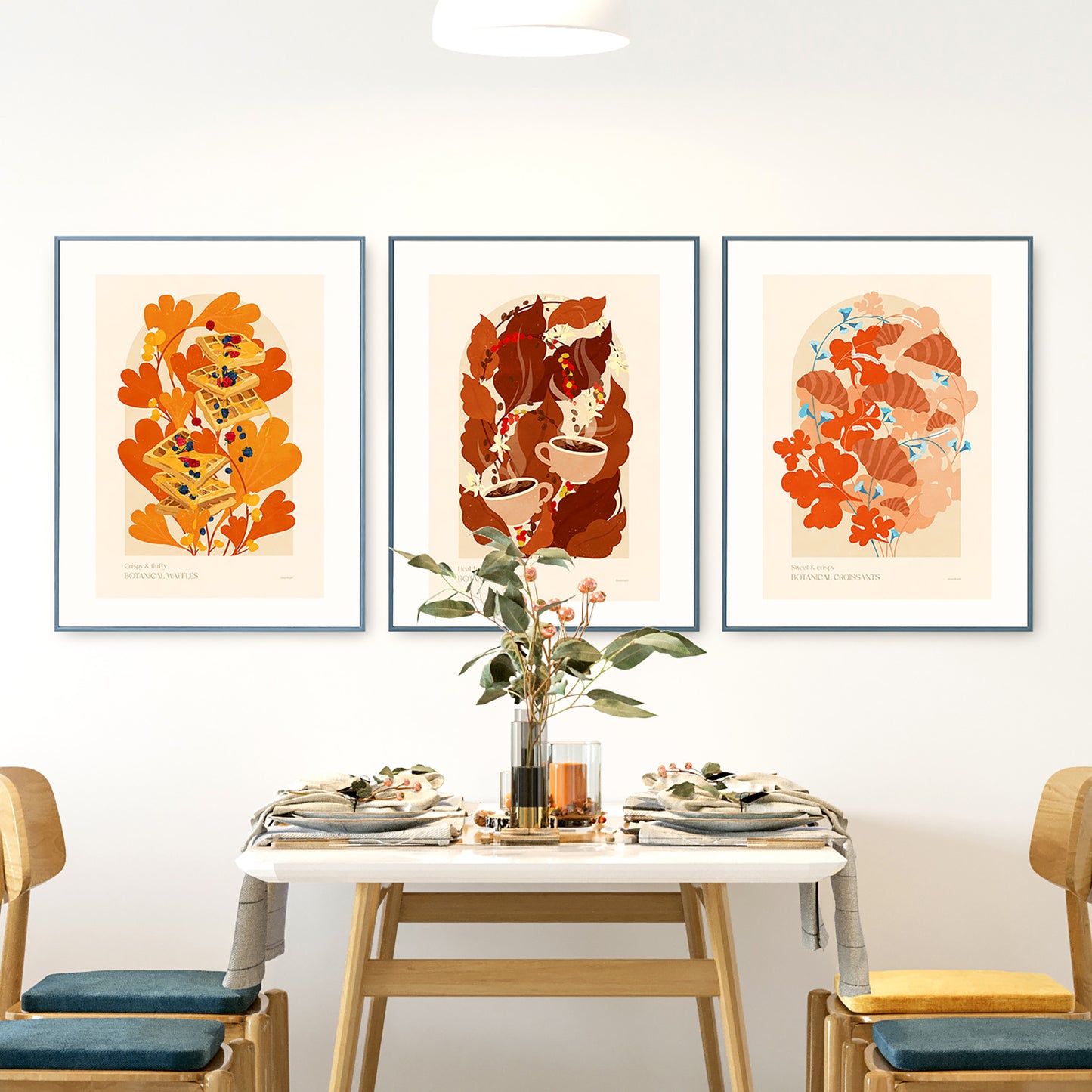 Gallery wall set of 3 Botanical waffles Coffee and croissant food dessert poster for Modern kitchen INSTANT DOWNLOAD