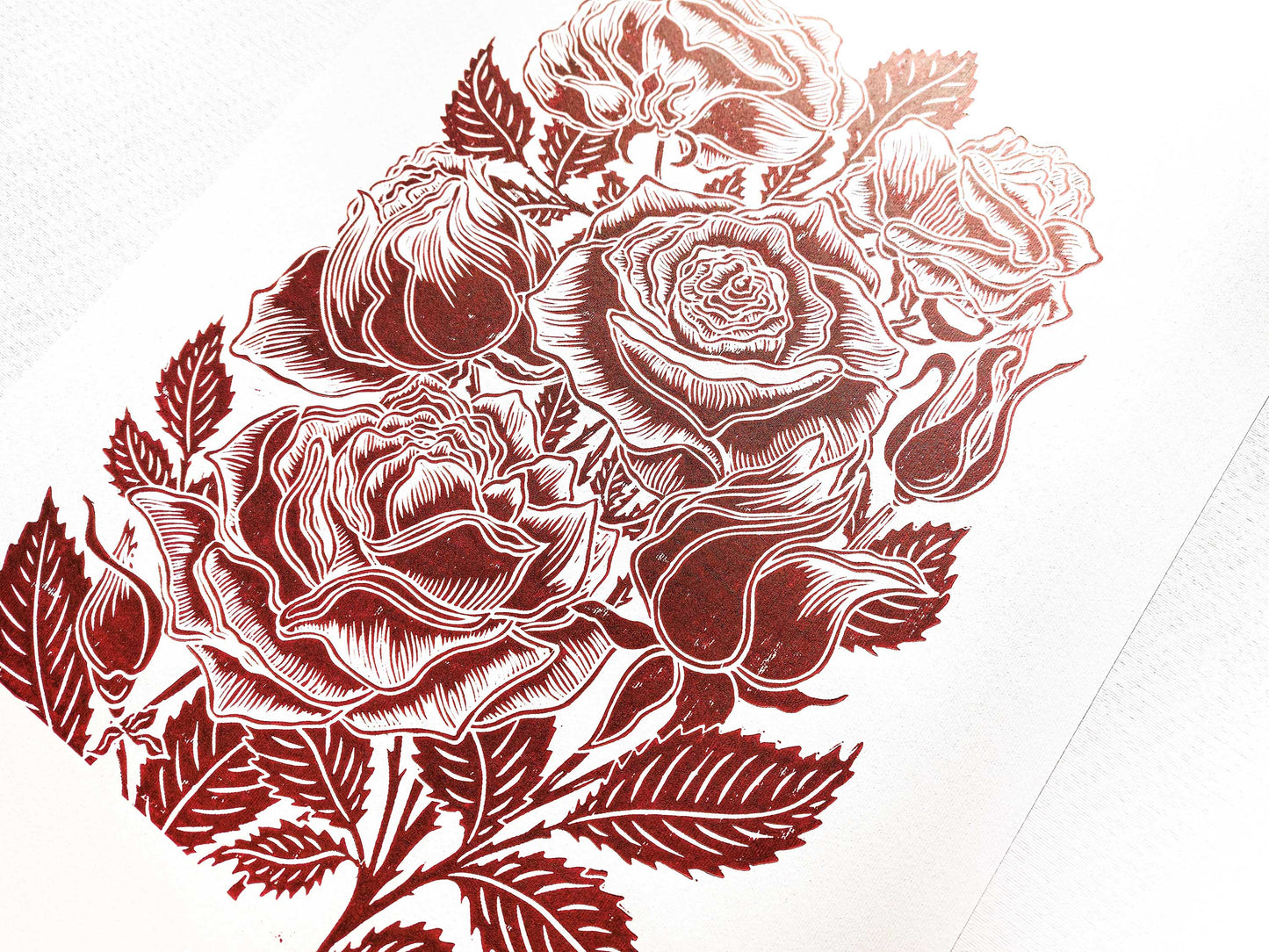 Burgundy roses flower Linocut print for Nature lover gift UNFRAMED