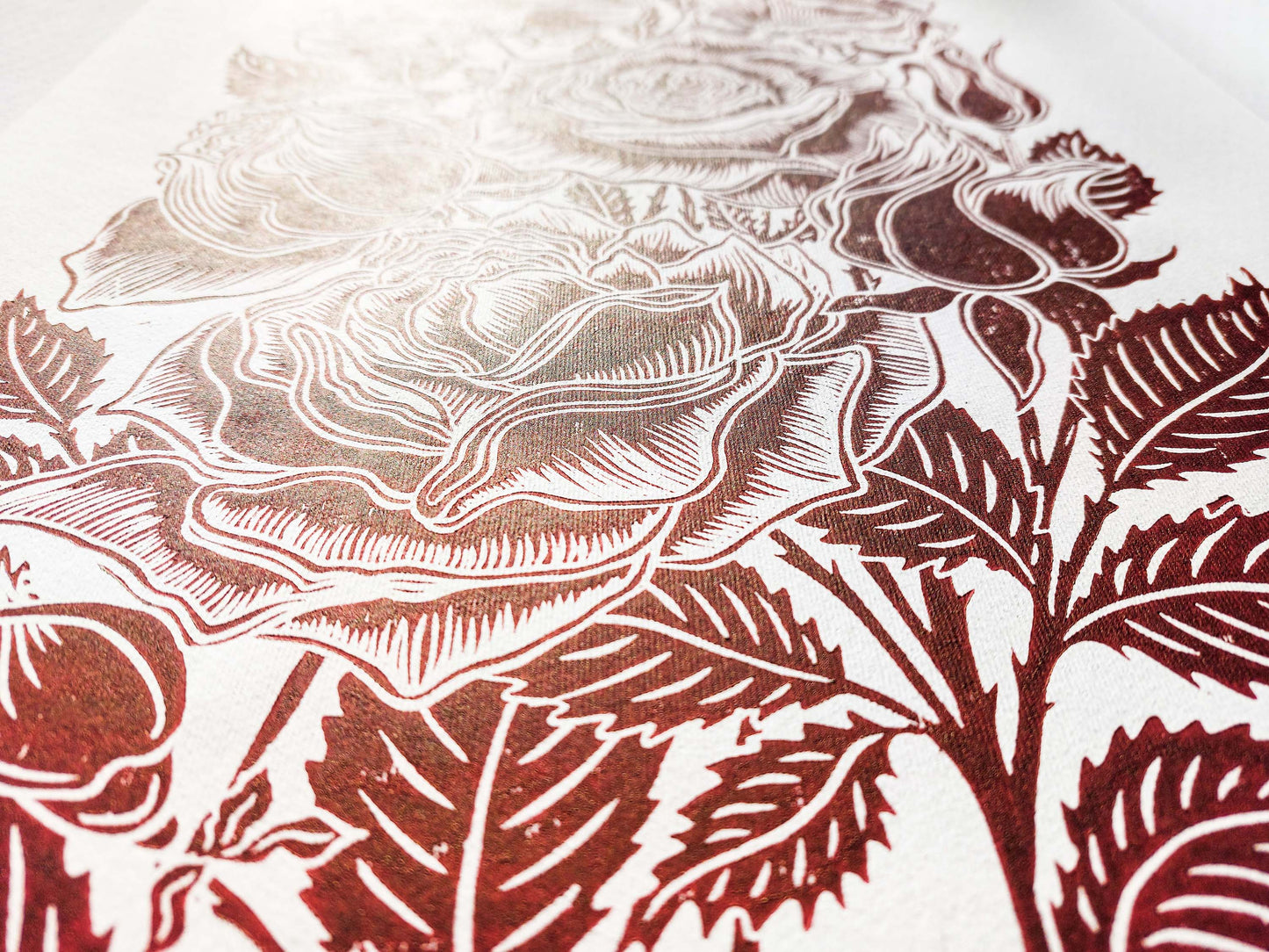 Burgundy roses flower Linocut print / lino print / relief print / linogravure / original artwork