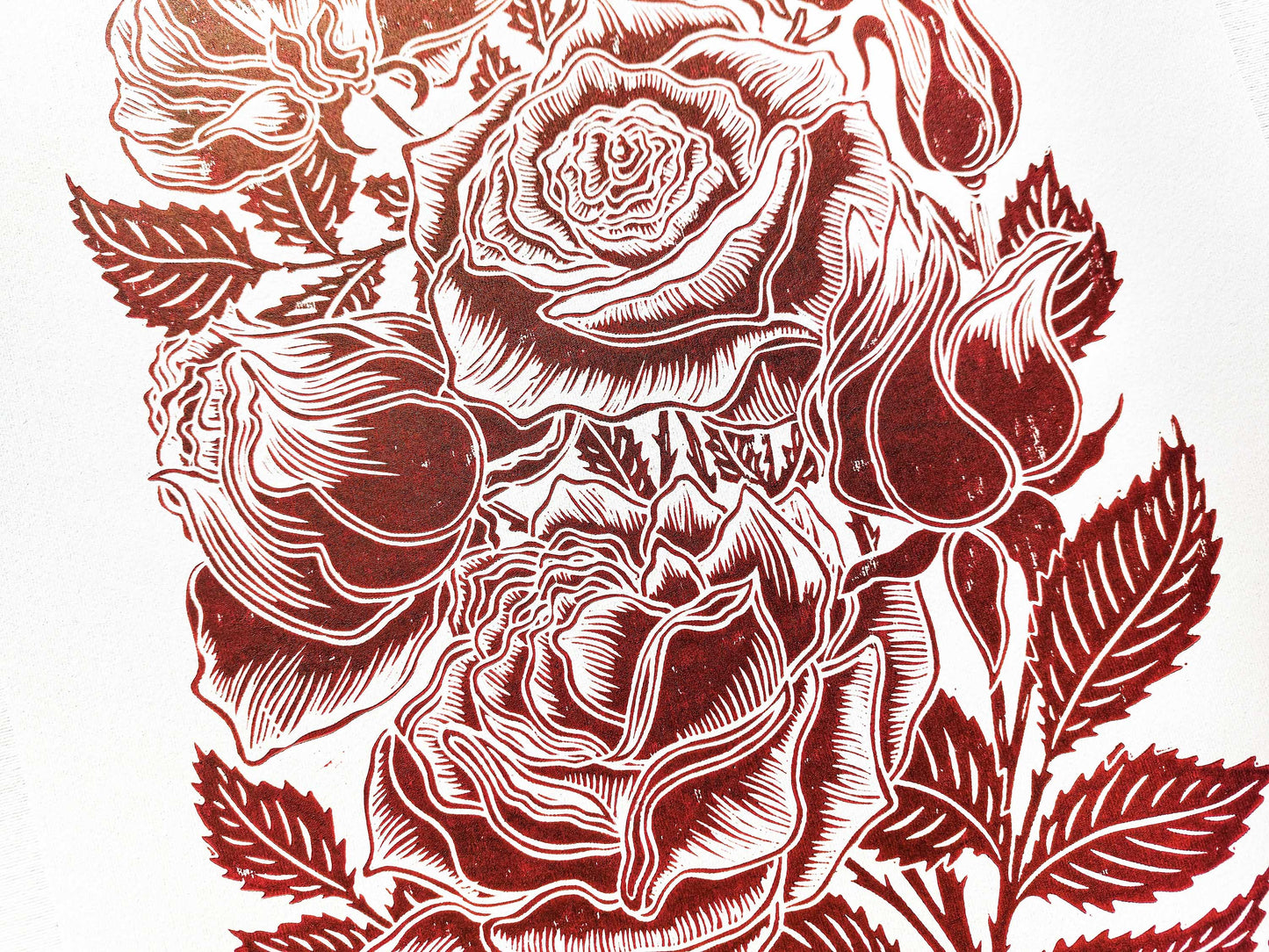 Burgundy roses flower Linocut print for Nature lover gift UNFRAMED