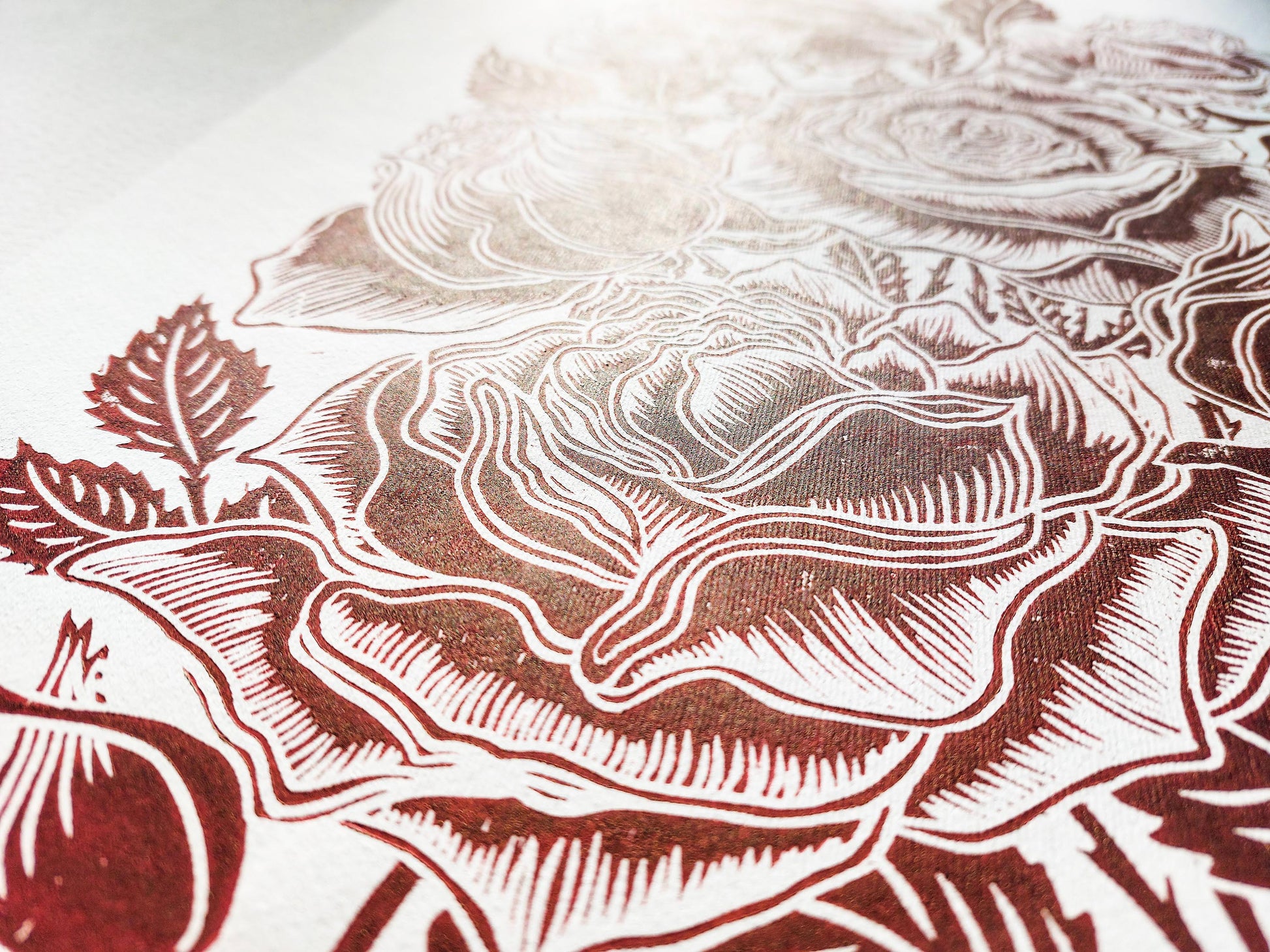 Burgundy roses flower Linocut print / lino print / relief print / linogravure / original artwork