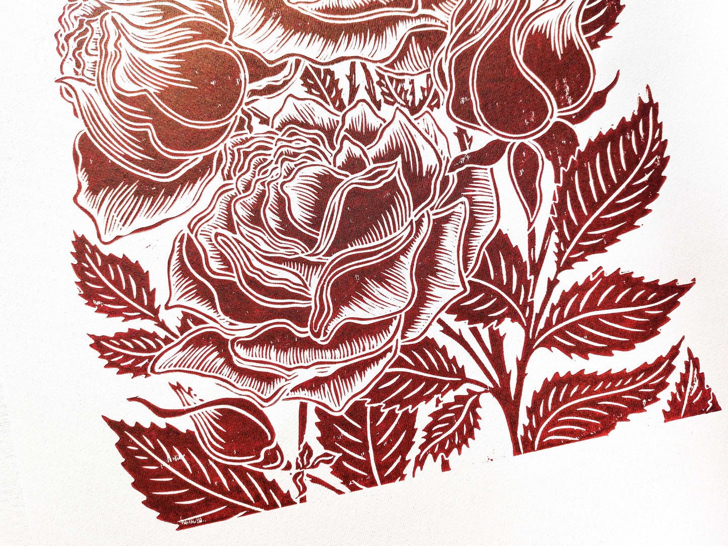 Burgundy roses flower Linocut print / lino print / relief print / linogravure / original artwork