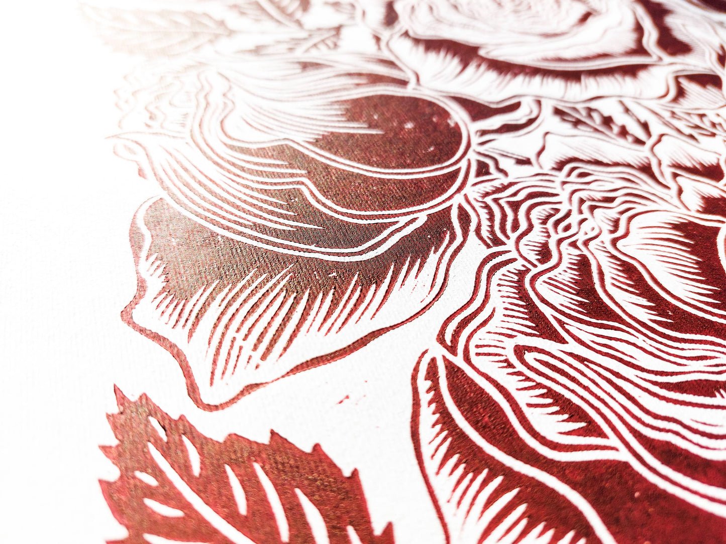 Burgundy roses flower Linocut print / lino print / relief print / linogravure / original artwork