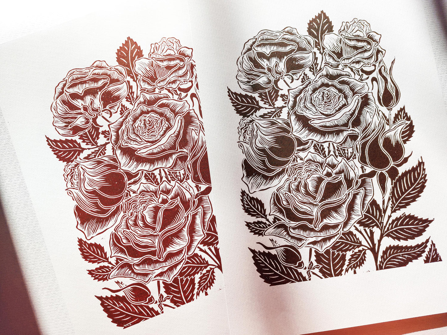 Burgundy and dark brown roses flower Linocut print / lino print / relief print / linogravure / original artwork