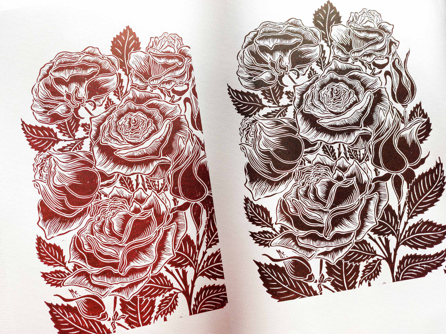 Burgundy and dark brown roses flower Linocut print / lino print / relief print / linogravure / original artwork