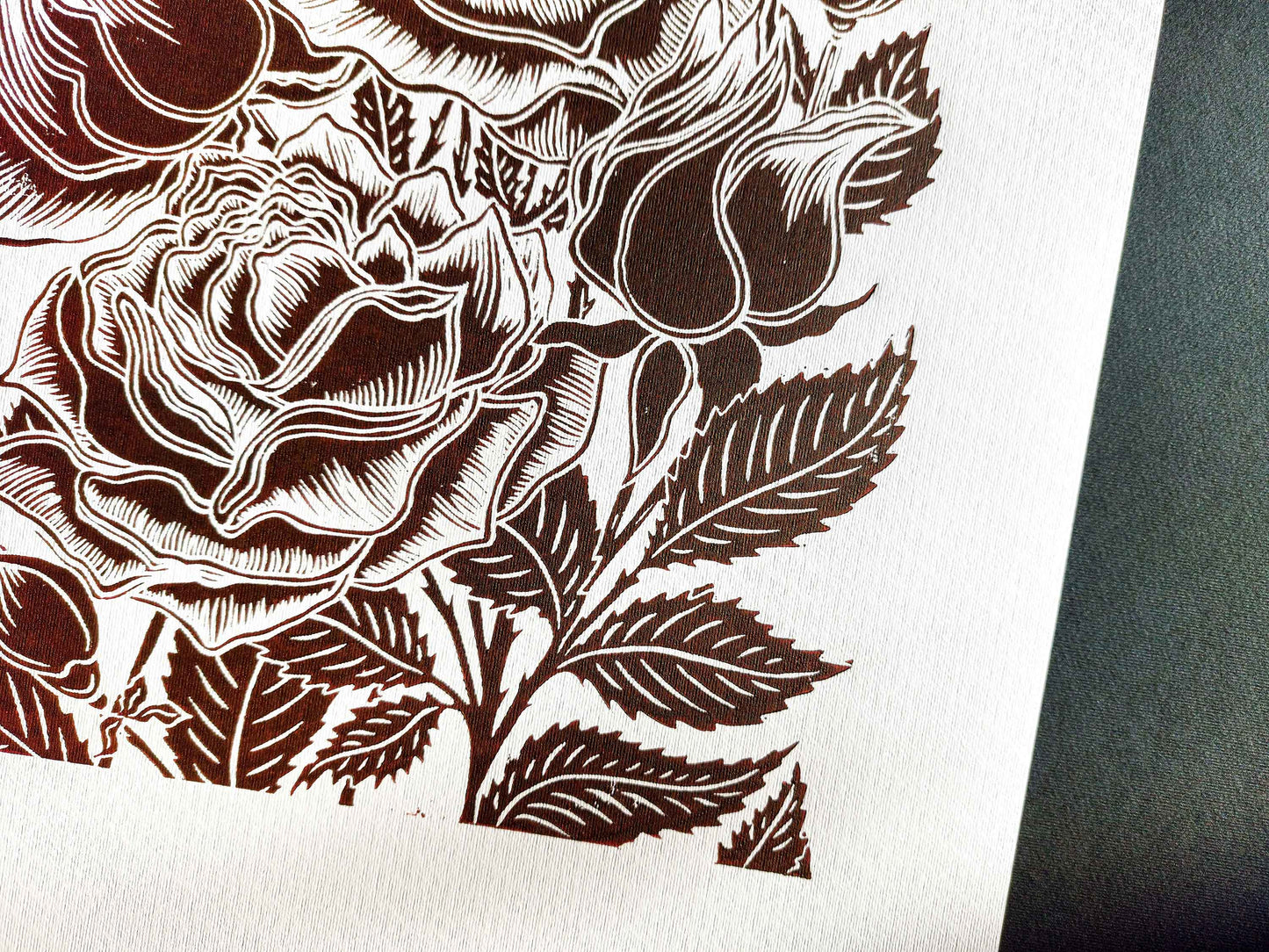 Dark brown details roses flower Linocut print / lino print / relief print / linogravure / original artwork