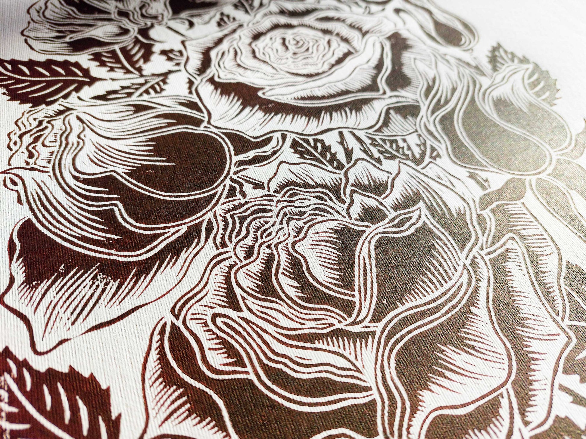 Dark brown roses flower Linocut print for Nature lover gift UNFRAMED