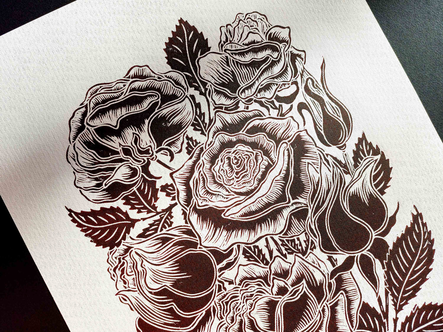 Dark brown roses flower Linocut print for Nature lover gift UNFRAMED