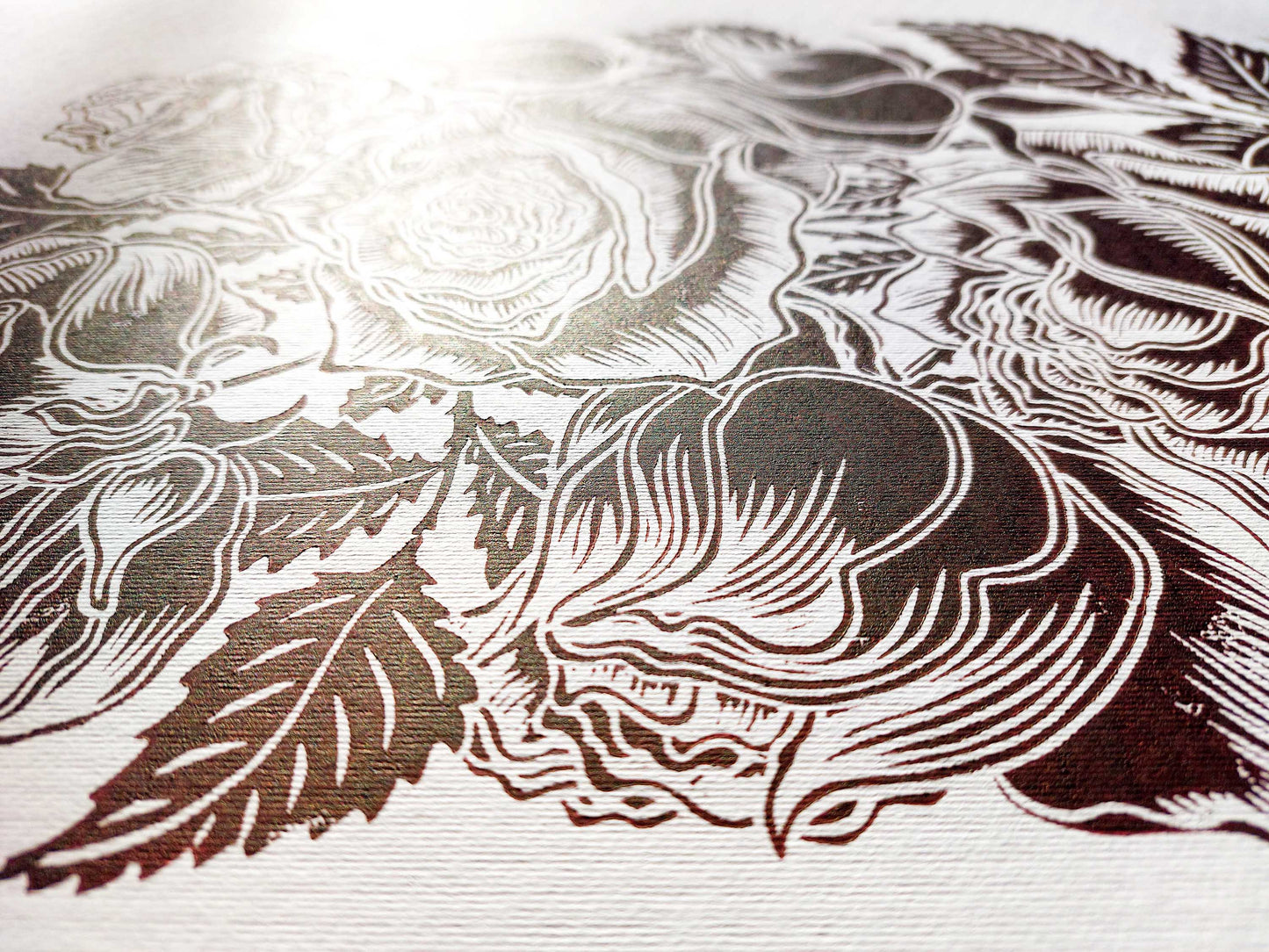 Dark brown details roses flower Linocut print / lino print / relief print / linogravure / original artwork