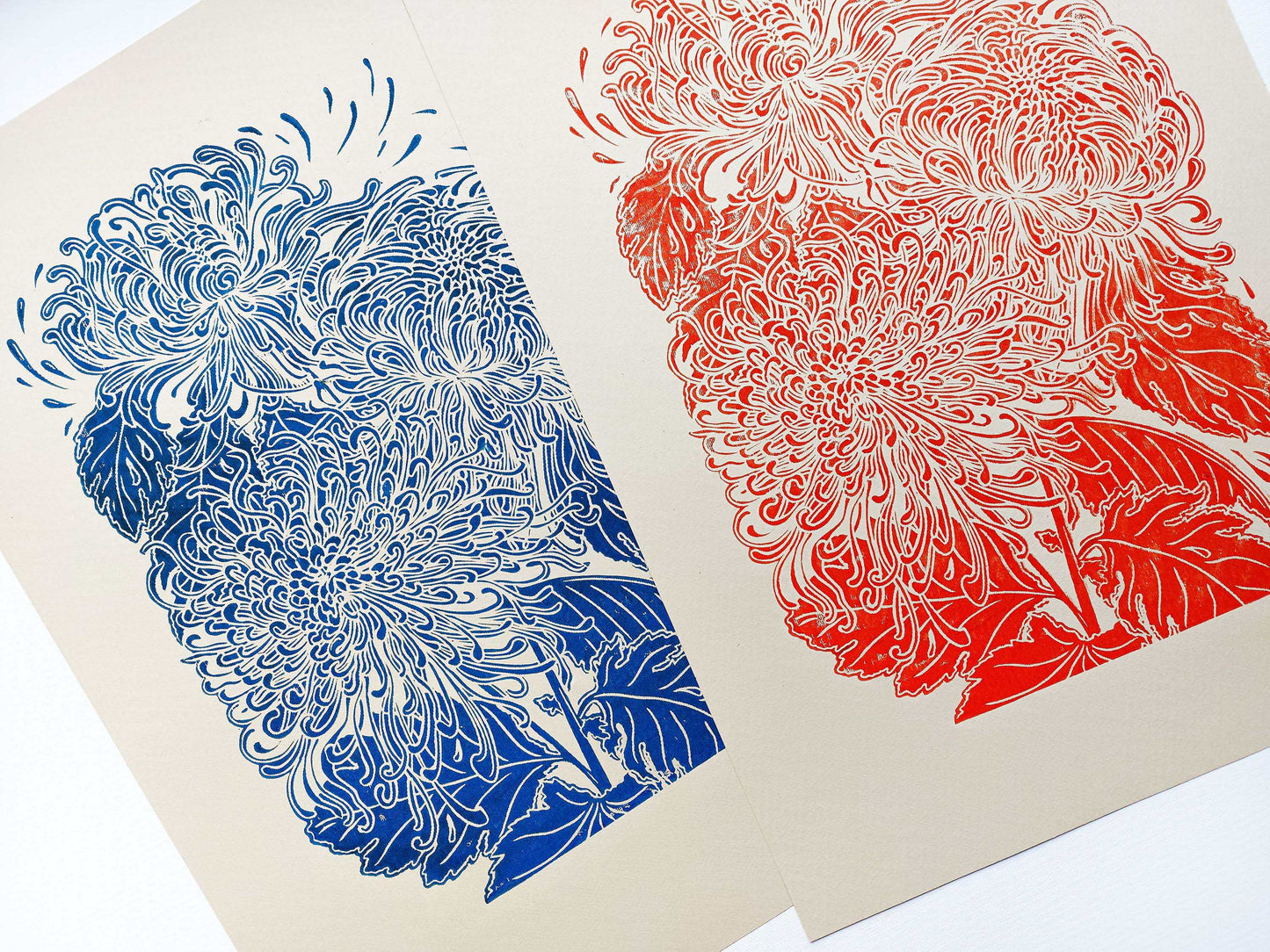 Red and blue japanese chrysanthemum flower Linocut print for Nature lover gift UNFRAMED for modern kitchen or bedroom wall decor