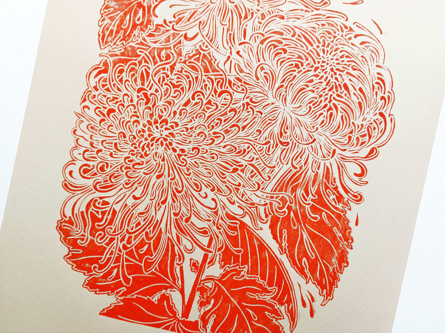 Details red japanese chrysanthemum flower Linocut print / printmakink / relief print / lino print / linogravure