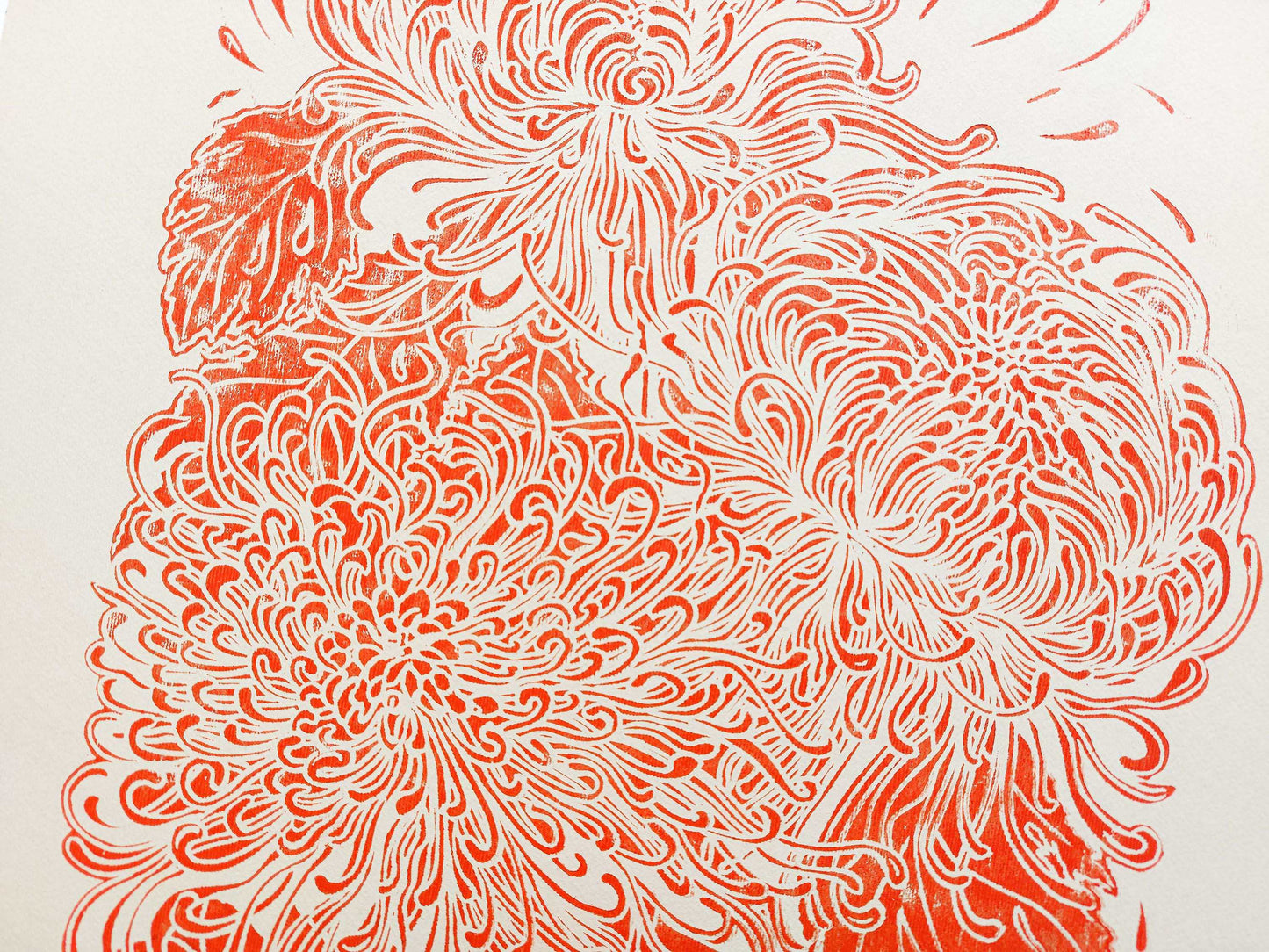 Red japanese chrysanthemum flower Linocut print for Nature lover gift UNFRAMED for modern kitchen or bedroom wall decor