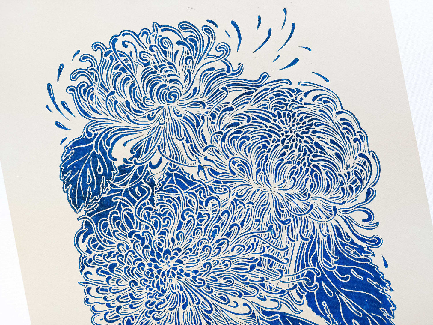 Blue japanese chrysanthemum flower Linocut print for Nature lover gift UNFRAMED for modern kitchen or bedroom wall decor