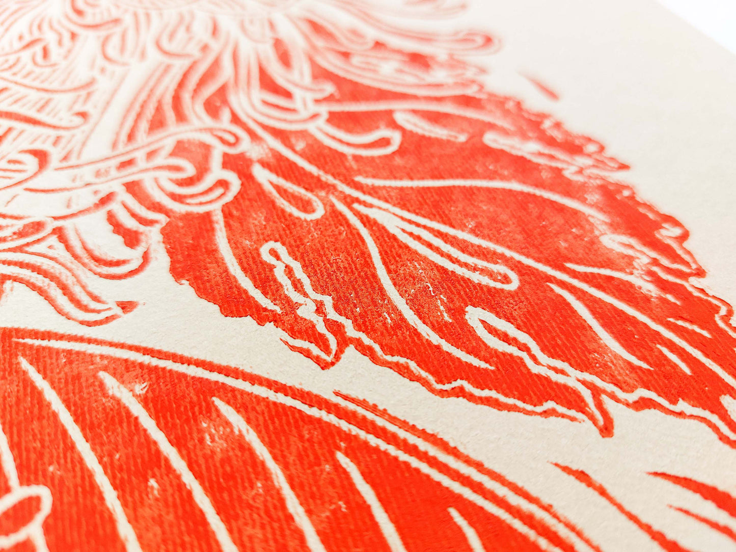 Details red japanese chrysanthemum flower Linocut print / printmakink / relief print / lino print / linogravure