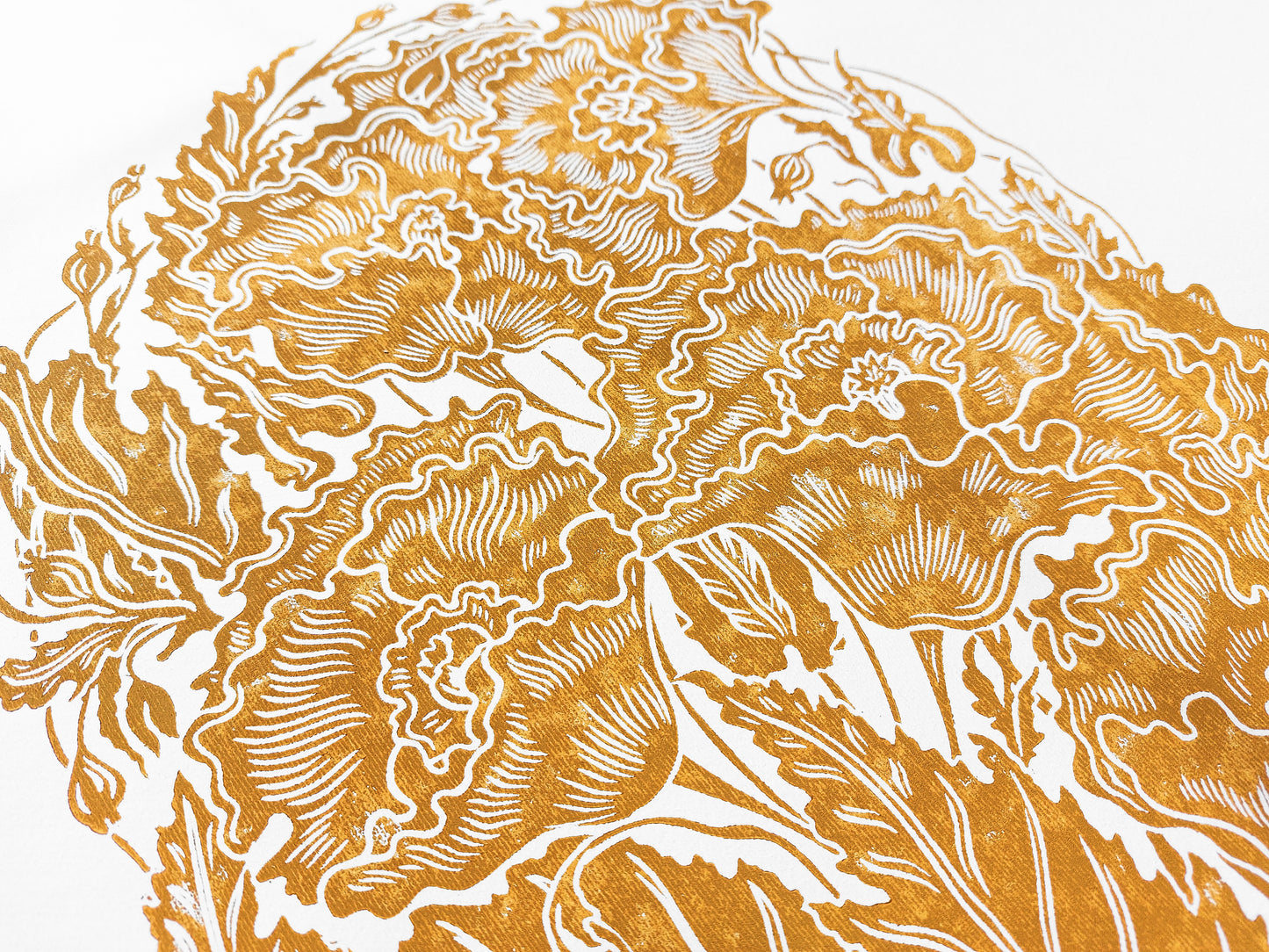 Ochre poppies flower Linocut print / relief print / lino print / linogravure