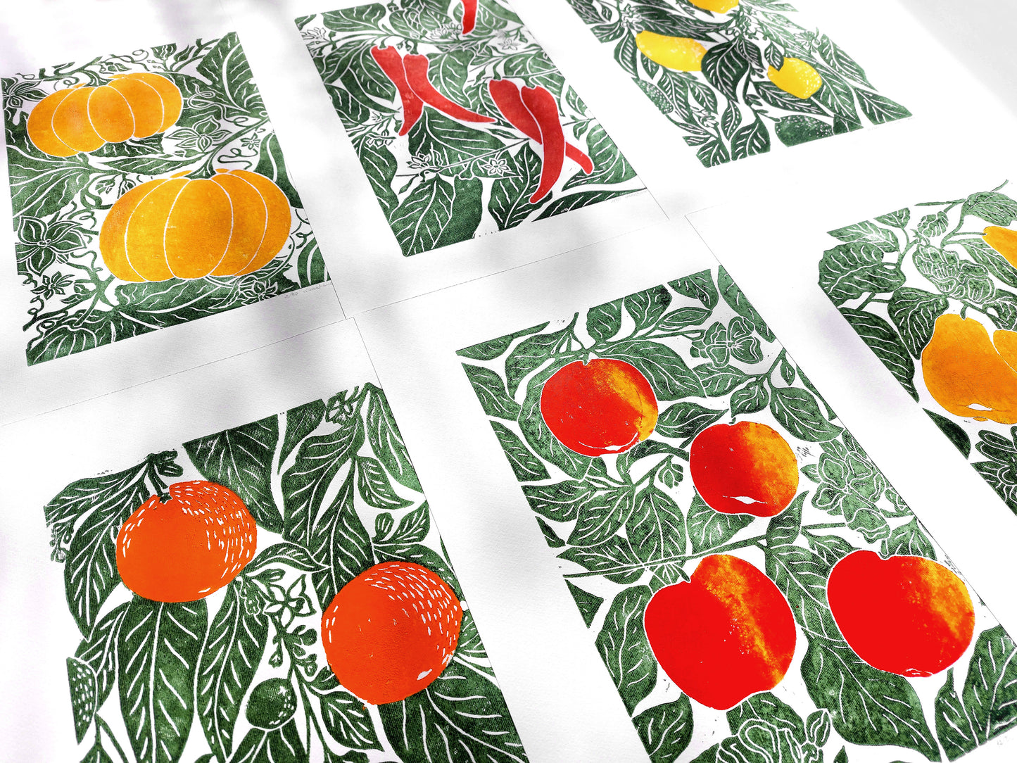 Gallery wall set of 6 linocut print Oranges Lemon Pumpkin Apples Chili papper Pear botanical fruit and vegetables for modern kitchen wall art or Nature lover gift UNFRAMED / original artwork, handmade art, printmaking, lino print, linogravure, farm kitchen art, living room decor, dining room wall art, bedroom art, new home gift, farmhouse gift, floral wall art
