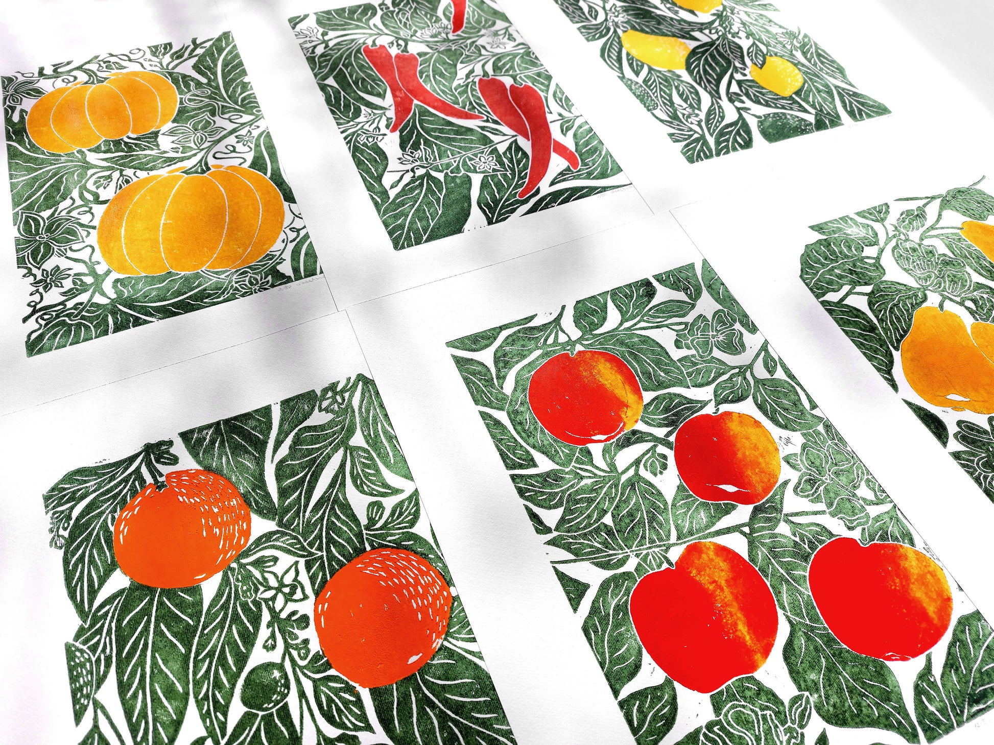 Gallery wall set of 6 linocut print Oranges Lemon Pumpkin Apples Chili papper Pear botanical fruit and vegetables for modern kitchen wall art or Nature lover gift UNFRAMED / original artwork, handmade art, printmaking, lino print, linogravure, farm kitchen art, living room decor, dining room wall art, bedroom art, new home gift, farmhouse gift, floral wall art