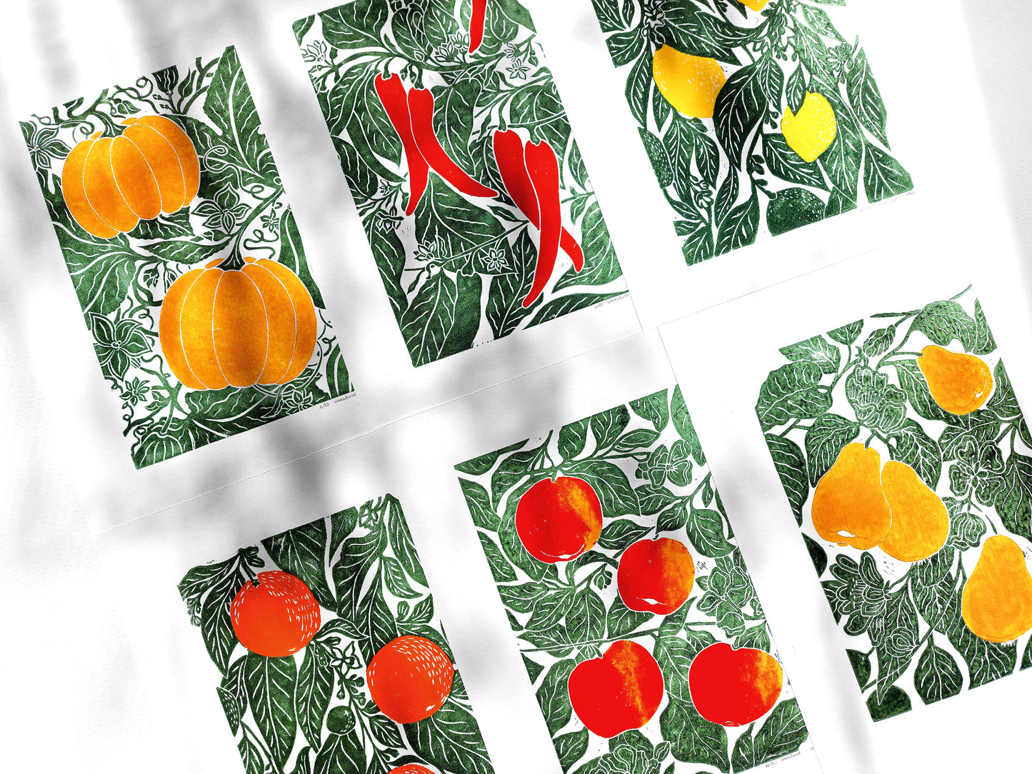 Gallery wall set of 6 linocut print Oranges Lemon Pumpkin Apples Chili papper Pear botanical fruit and vegetables for modern kitchen wall art or Nature lover gift UNFRAMED / original artwork, handmade art, printmaking, lino print, linogravure, farm kitchen art, living room decor, dining room wall art, bedroom art, new home gift, farmhouse gift, floral wall art