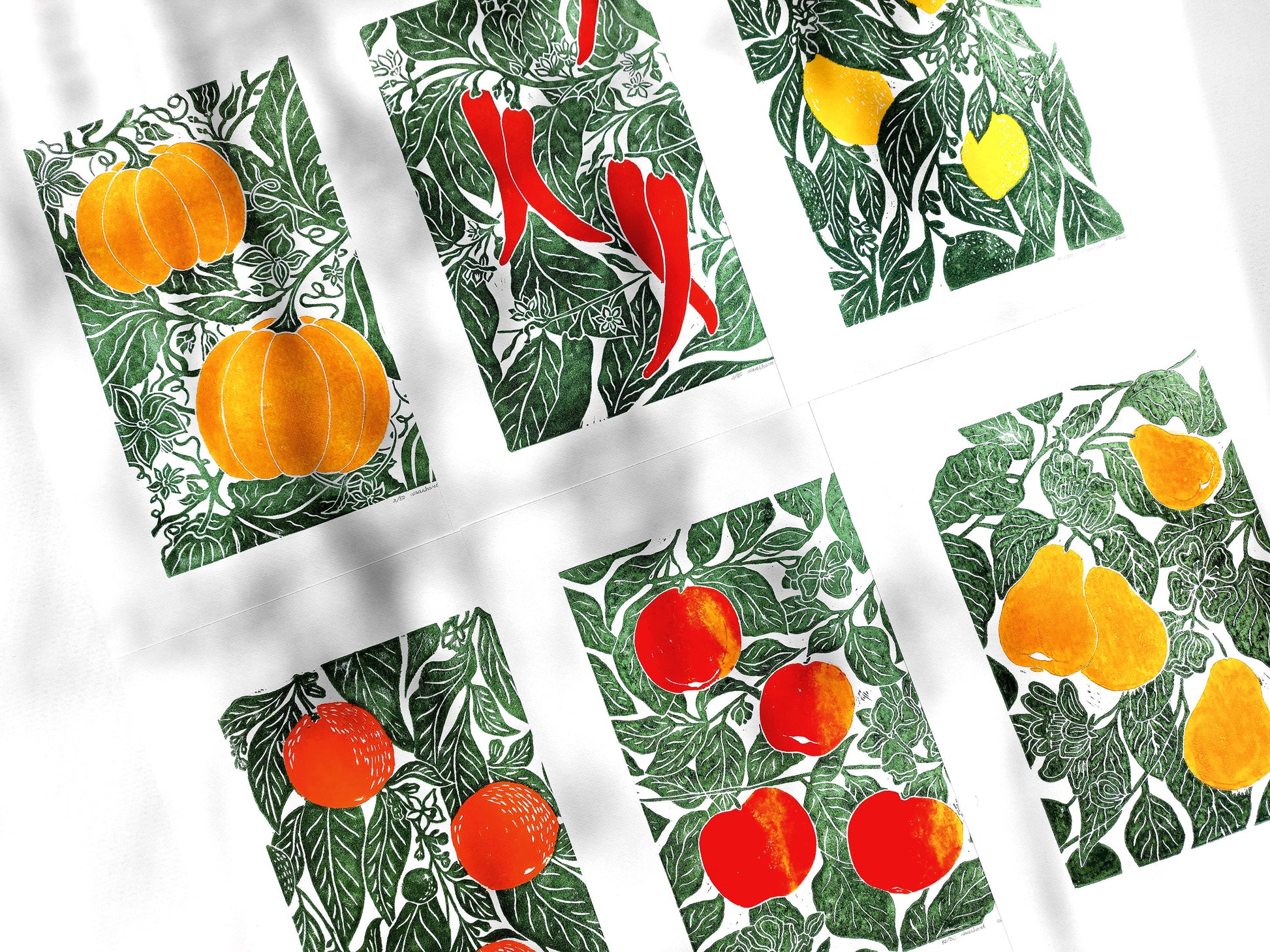 Gallery wall set of 6 linocut print Oranges Lemon Pumpkin Apples Chili papper Pear botanical fruit and vegetables for modern kitchen wall art or Nature lover gift UNFRAMED / original artwork, handmade art, printmaking, lino print, linogravure, farm kitchen art, living room decor, dining room wall art, bedroom art, new home gift, farmhouse gift, floral wall art