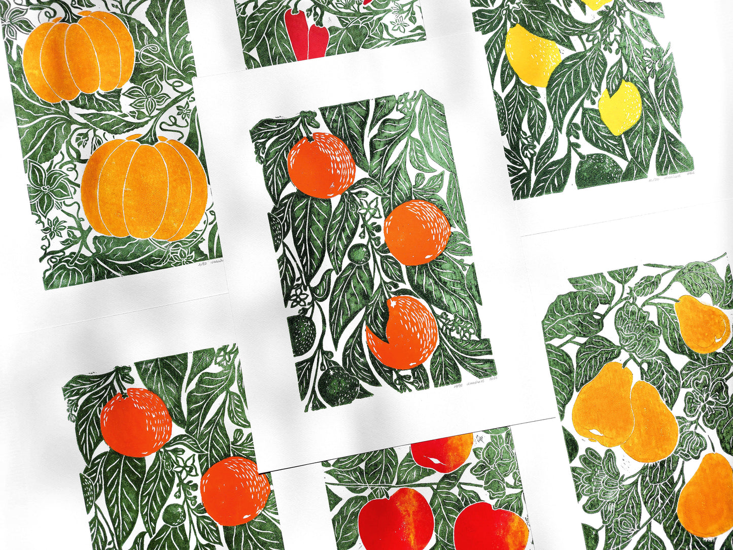 Gallery wall set of 6 linocut print Oranges Lemon Pumpkin Apples Chili papper Pear botanical fruit and vegetables for modern kitchen wall art or Nature lover gift UNFRAMED / original artwork, handmade art, printmaking, lino print, linogravure, farm kitchen art, living room decor, dining room wall art, bedroom art, new home gift, farmhouse gift, floral wall art