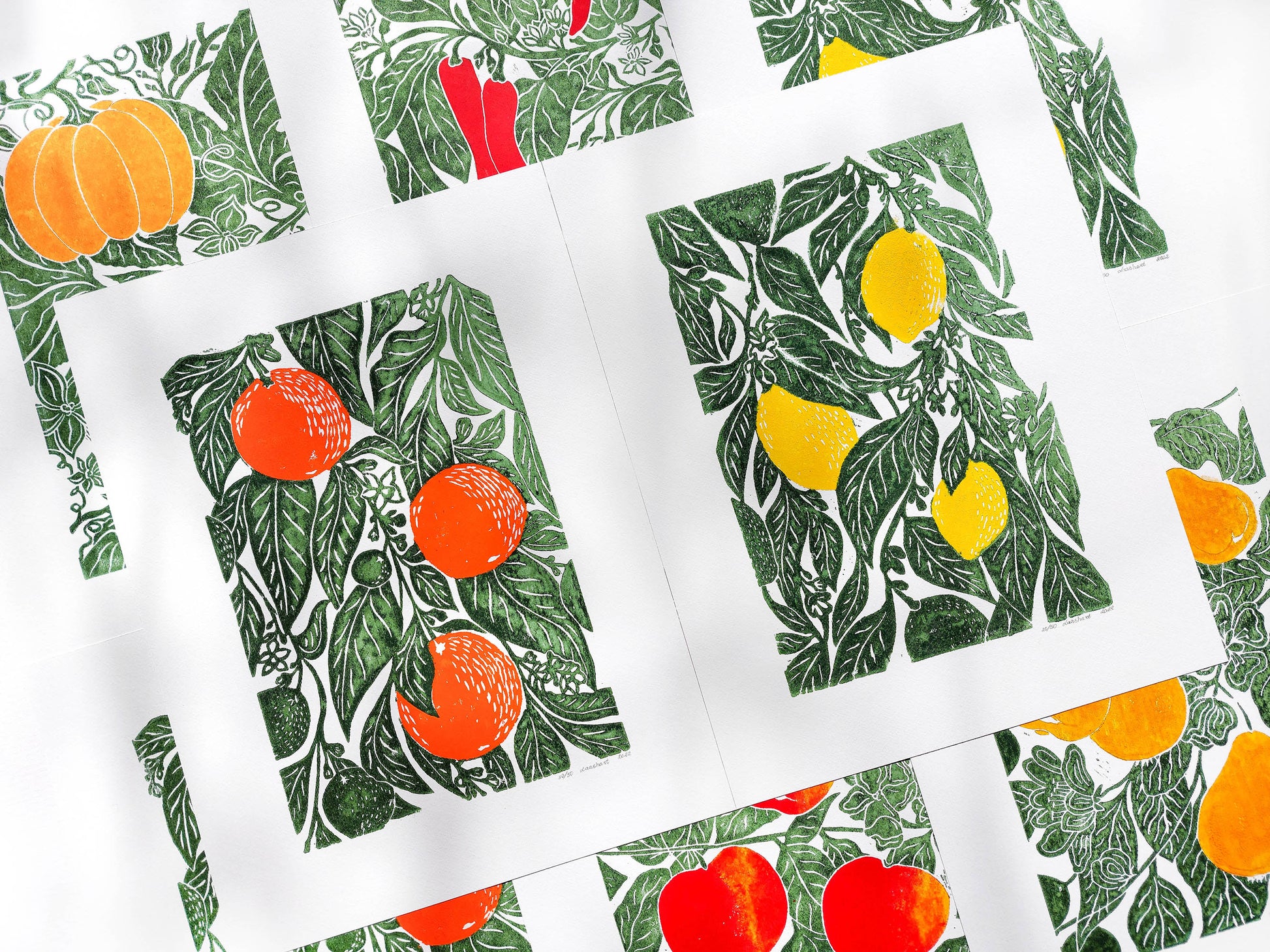 Gallery wall set of 2 linocut print Oranges and lemon botanical fruit and plant for modern kitchen wall art or Nature lover gift UNFRAMED / handmade art, relief print, original artwork, printmaking, oil ink, lino print, linogravure, fruit wall decor, living room, dining room, farmhouse gift, farm kitchen art, nature lover gift, new home gift, gallery wall set of 2 prints