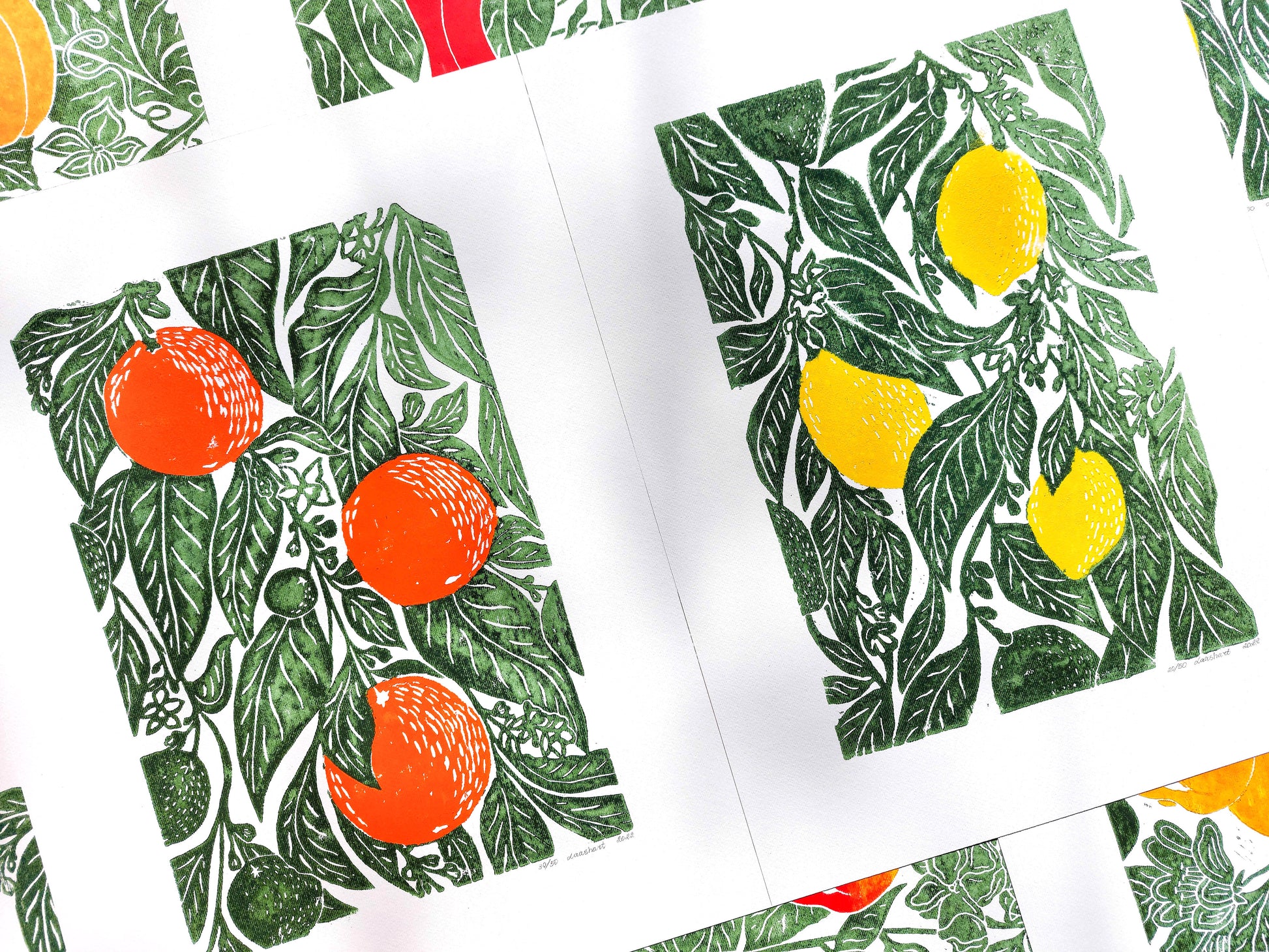 Gallery wall set of 2 linocut print Oranges and lemon botanical fruit and plant for modern kitchen wall art or Nature lover gift UNFRAMED / handmade art, relief print, original artwork, printmaking, oil ink, lino print, linogravure, fruit wall decor, living room, dining room, farmhouse gift, farm kitchen art, nature lover gift, new home gift, gallery wall set of 2 prints