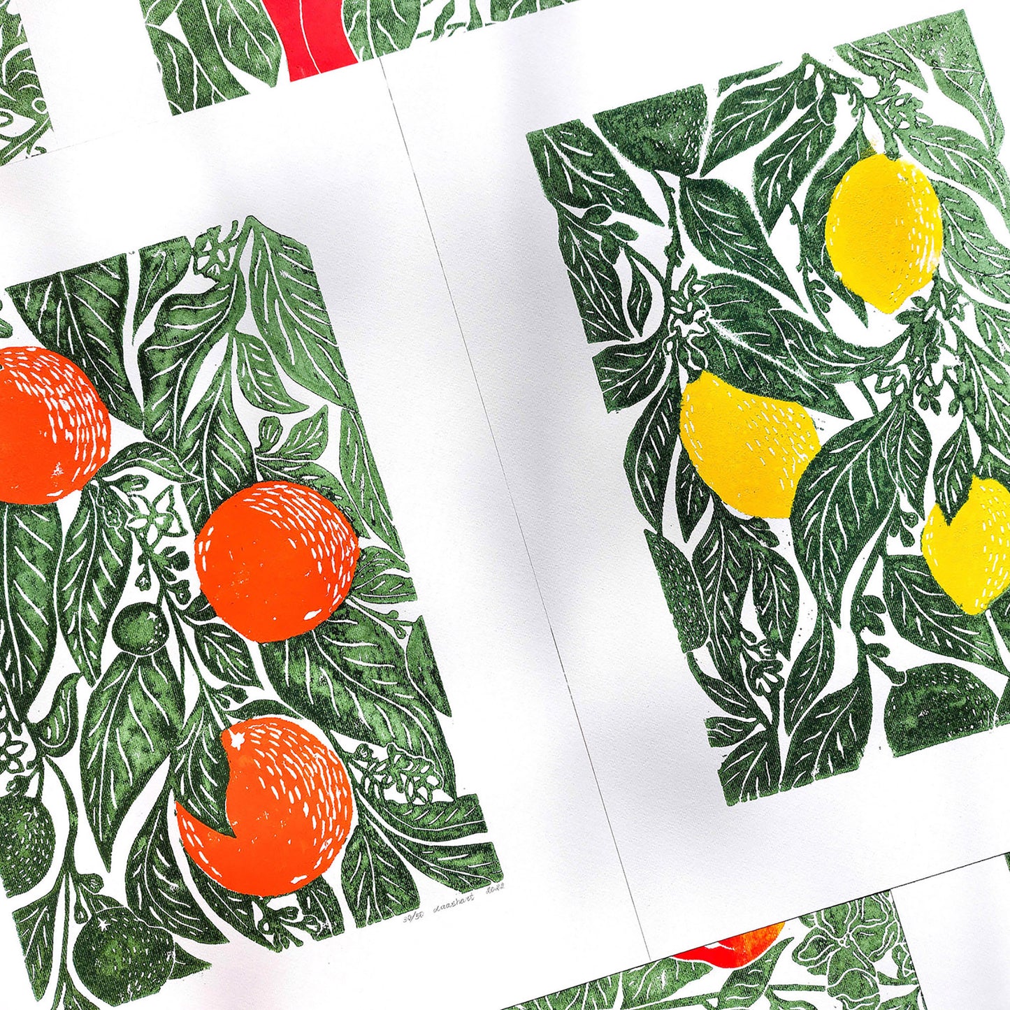 gallery wall set of 2 lemons Oranges linocut print Original artwork Botanical fruit for modern kitchen wall art decor