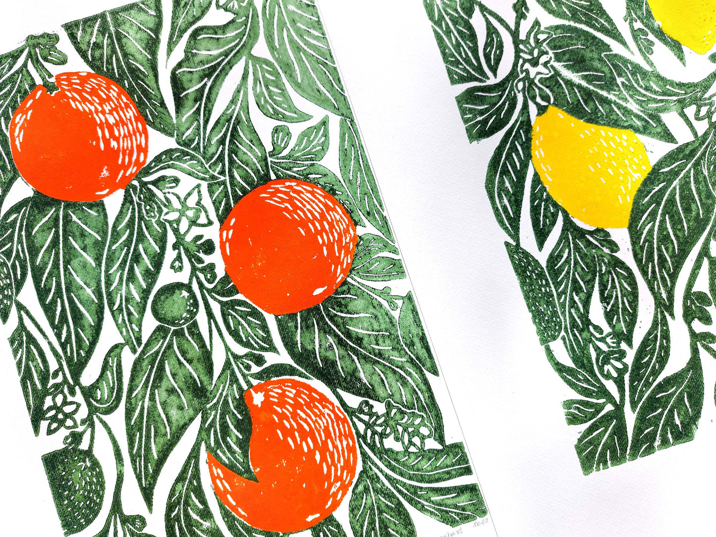 Gallery wall set of 2 linocut print Oranges and lemon botanical fruit and plant for modern kitchen wall art or Nature lover gift UNFRAMED / handmade art, relief print, original artwork, printmaking, oil ink, lino print, linogravure, fruit wall decor, living room, dining room, farmhouse gift, farm kitchen art, nature lover gift, new home gift, gallery wall set of 2 prints
