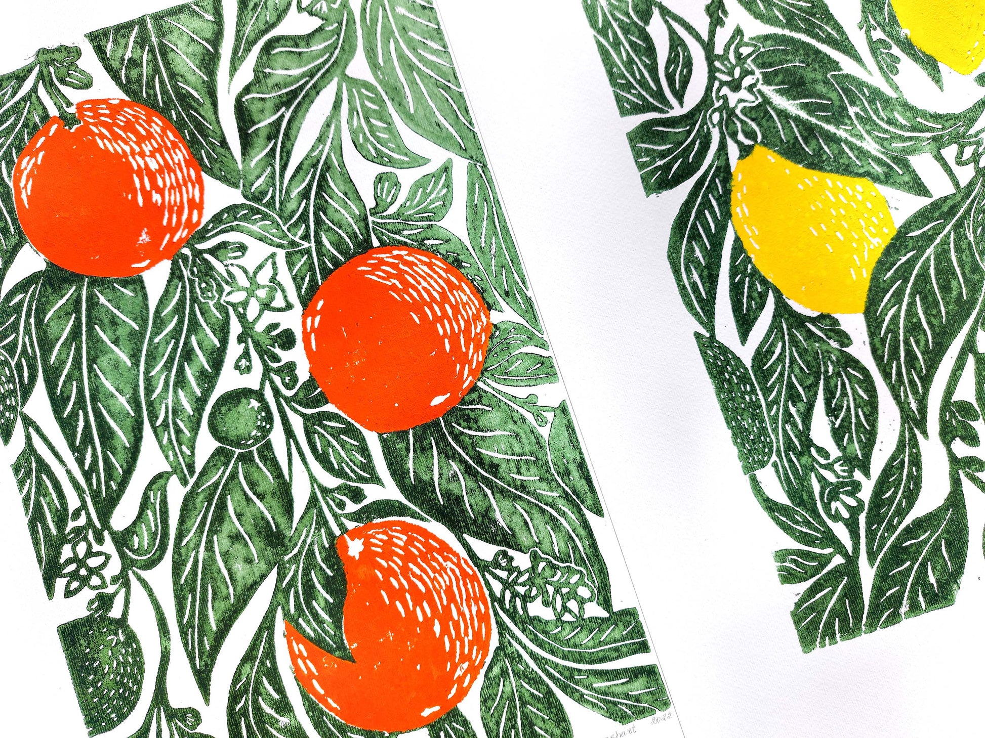 Gallery wall set of 2 linocut print Oranges and lemon botanical fruit and plant for modern kitchen wall art or Nature lover gift UNFRAMED / handmade art, relief print, original artwork, printmaking, oil ink, lino print, linogravure, fruit wall decor, living room, dining room, farmhouse gift, farm kitchen art, nature lover gift, new home gift, gallery wall set of 2 prints