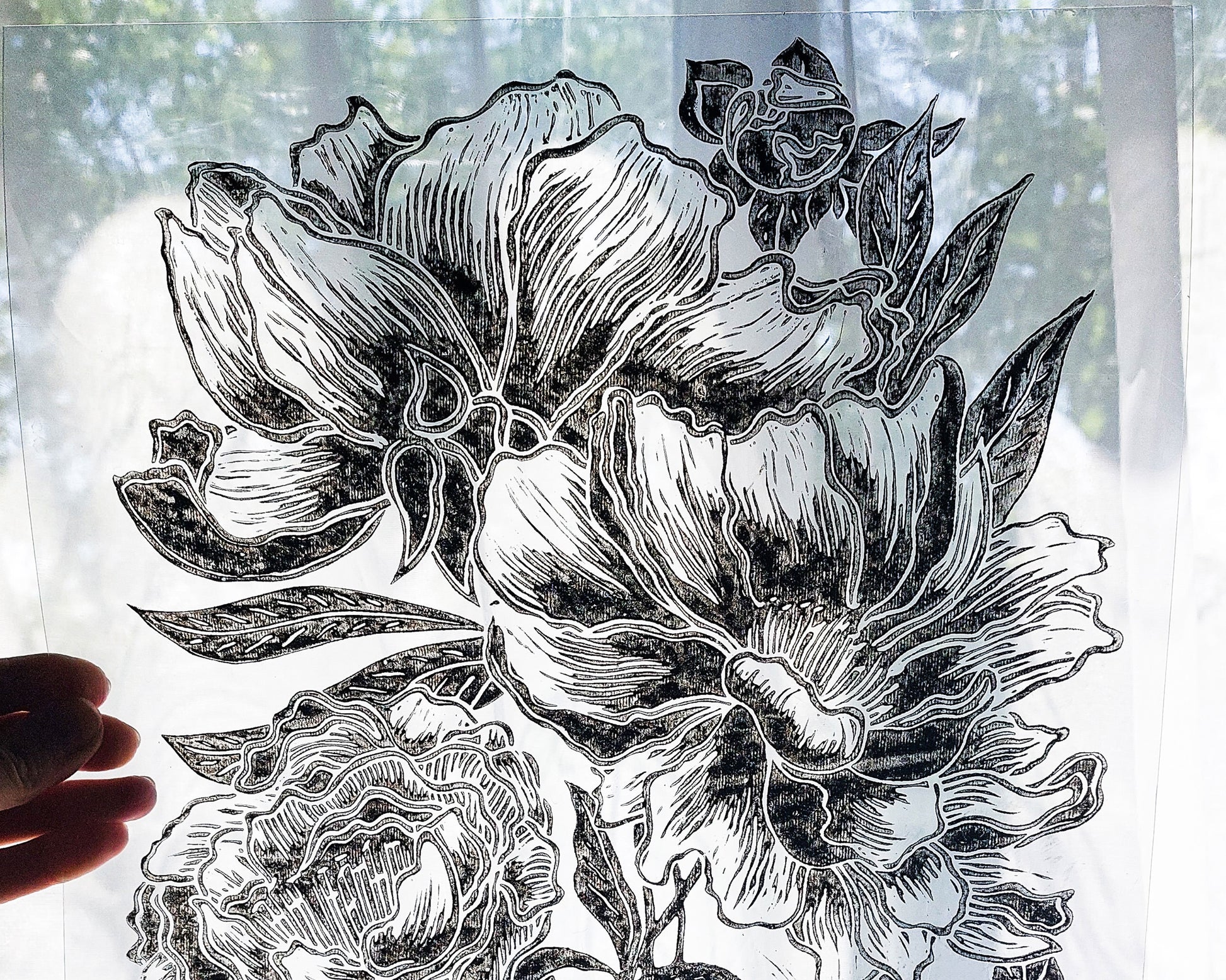 Black peony flowers wall art Plexiglass linocut print Botanical relief original artwork Printmaking for Bedroom decor Housewarming gift Living room Farm kitchen Foraged cottagecore farmhouse wall art decor relief printmaking block