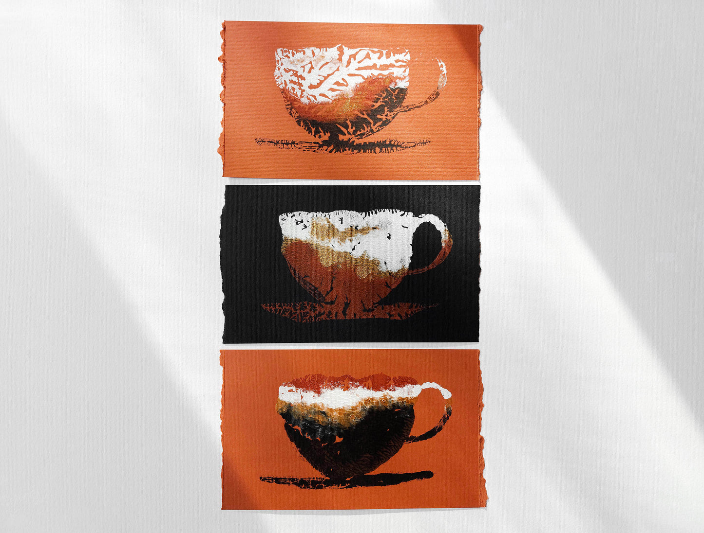 Unique set of 3 mini relief Abstract coffee Monotype print for New home gift UNFRAMED for modern kitchen, or dining room original artwork
