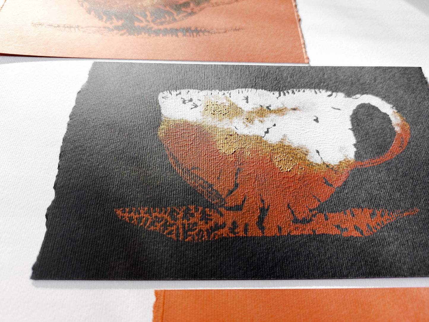 Details Unique set of 3 mini relief Abstract coffee Monotype print / printmaking