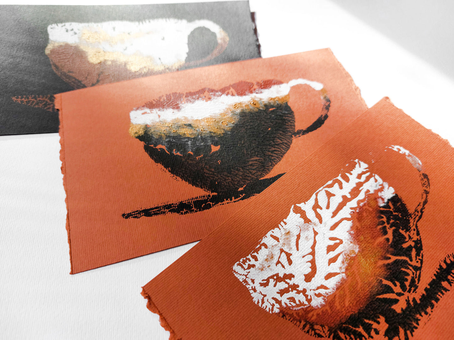 Unique set of 3 mini relief Abstract coffee Monotype print for New home gift UNFRAMED for modern kitchen, or dining room original artwork