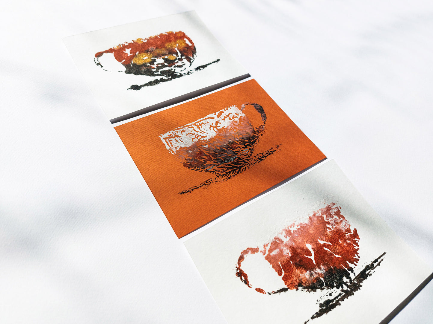 Gallery wall set of 3 mini relief Abstract coffee Monotype print for New home gift UNFRAMED for modern kitchen, or dining room original artwork