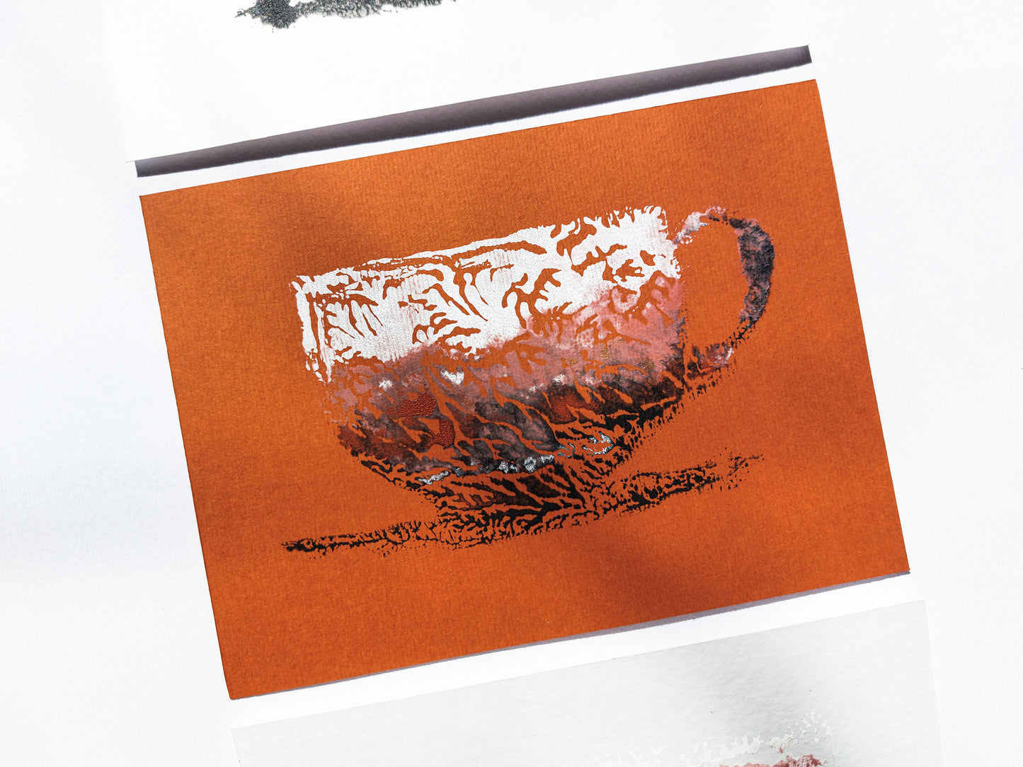 Details Gallery wall set of 3 mini relief Abstract coffee Monotype print / printmaking